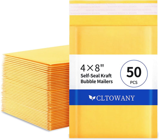 Kraft Bubble Mailers 4×8' Inch 50 Pack Yellow shipping envelopes Self-Seal Padded Mailing Envelopes for Jewelry Makeup Supplies and Small Business Packaging