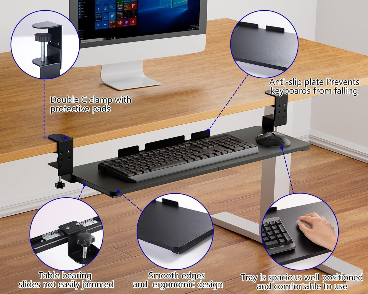 Large Keyboard Tray Under Desk, Adjustable Keyboard Tray with C-Clamp Hardware 29.5″ W x 9.5″ D Slide Out Computer Keyboard & Mouse Tray for Typing Home Office Black