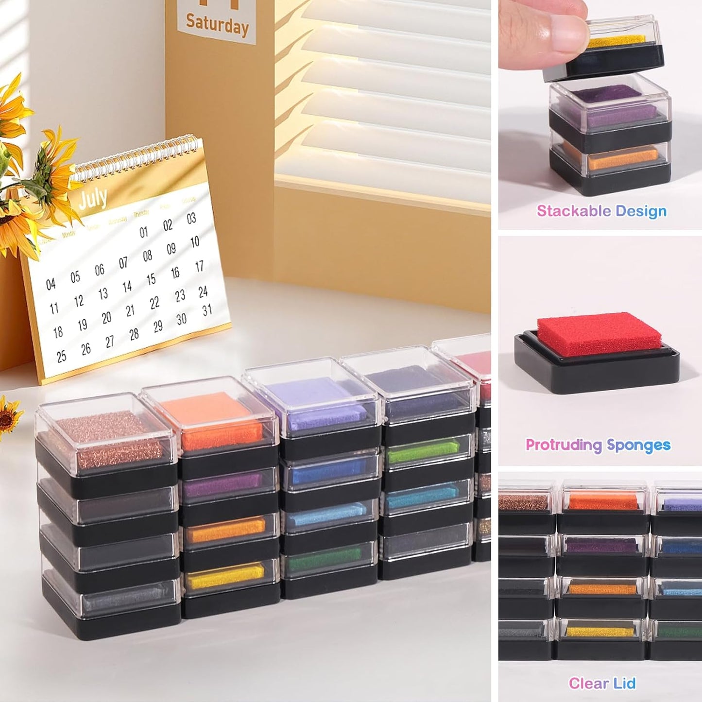 CraftyManor Mini 24 Color Pigment Ink Pads Set for Stamps, Fingerprint Ink Pad for Kids, Stamp Pad for Scrapbook Paper & Stamps for Classroom & Clothing Stamp & Letter Stamps, Archival