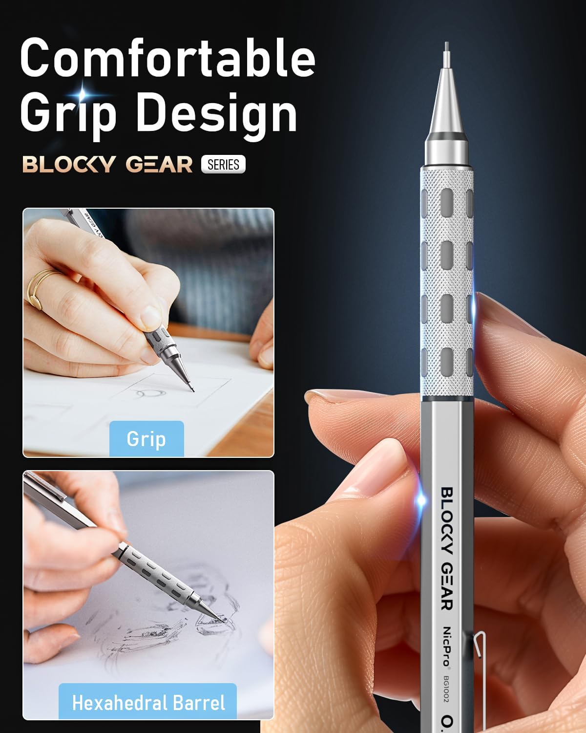 Nicpro Blocky Gear 0.5 mm & 0.7 mm Mechanical Pencils Set in Case, Metal Pencil with 6 Tube Lead Refills, Eraser, Eraser Refills for Professional & Adult Art Writing Drafting Drawing Sketching