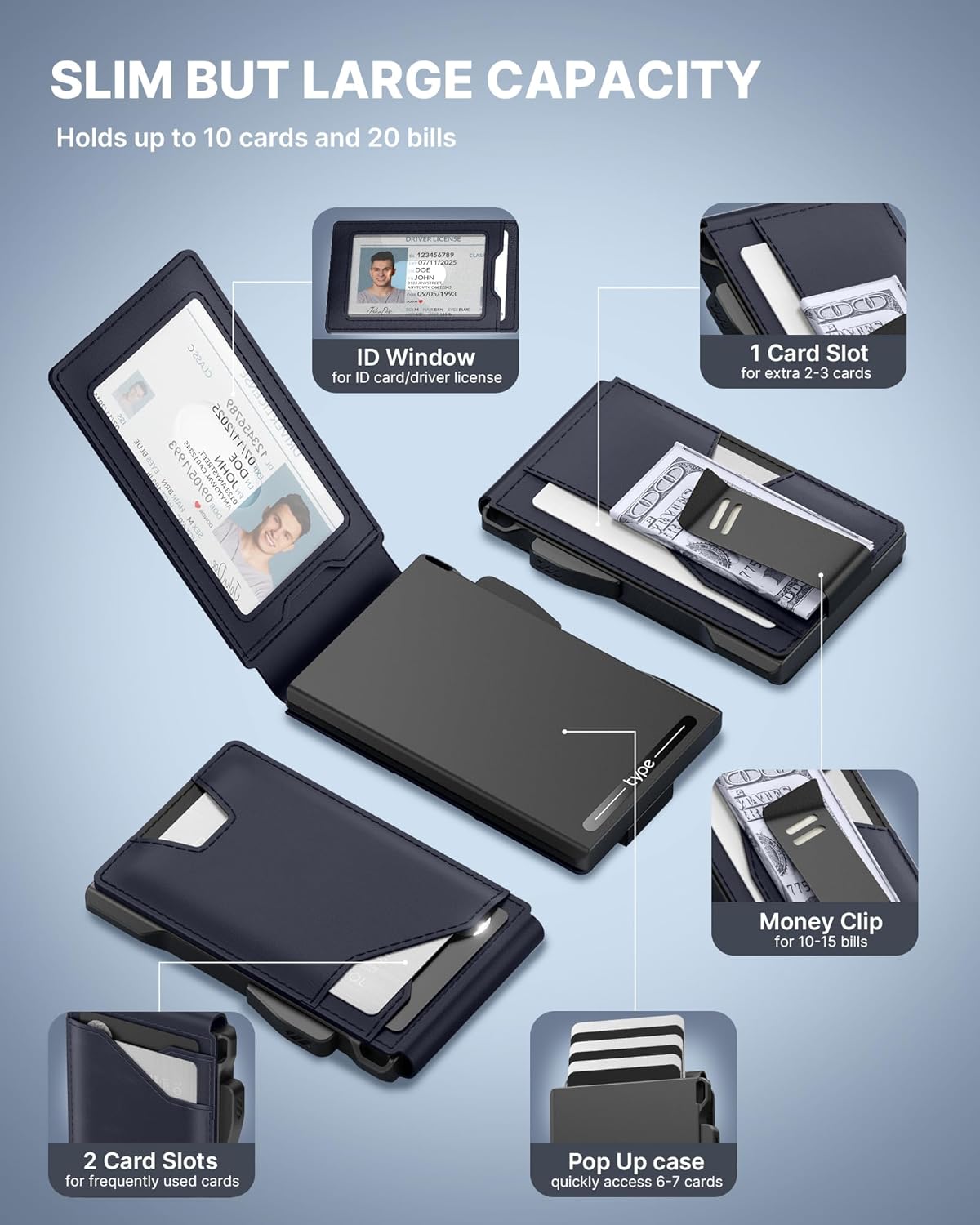 typecase Tactical Wallet for Men Card Holder: Pop Up Card Case, Genuine Leather, Smart, RFID Blocking, Slim, Minimalist, Thin, Front Pocket - 9-13 Card Capacitiy, ID Window, Money Clip (Navy)