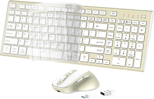Wireless Keyboard and Mouse, USB Type C Rechargeable Slim Silent Keyboard Mouse, Compact Full-Size Keyboard with Number Pad and Cover for Windows, macOS, PC/Computer/Laptop - Gold