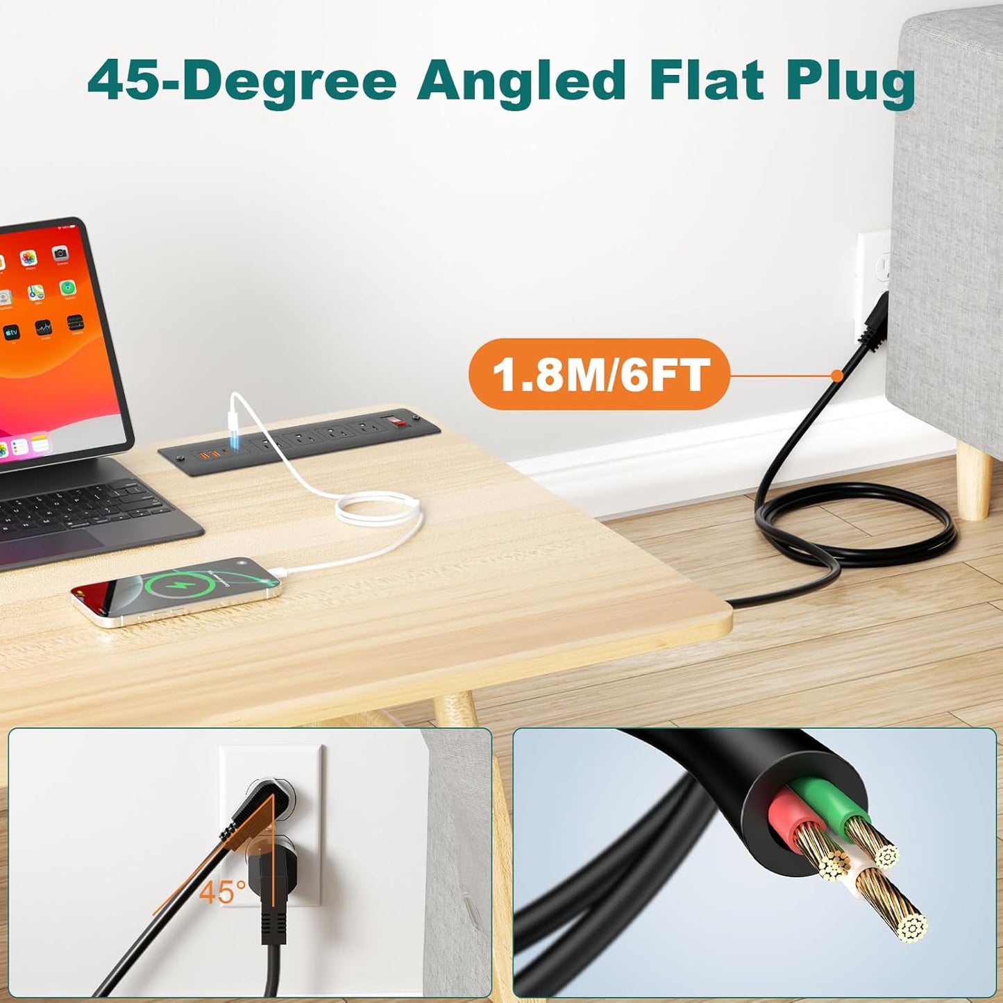 QBA Recessed Power Strip with USB-C 65W, 4 Outlets 2 USB-C & 2 USB-A Ports, Mountable Desk Outlet for Conference Furniture, 45° Angled Flat Plug 6FT Cord, Black