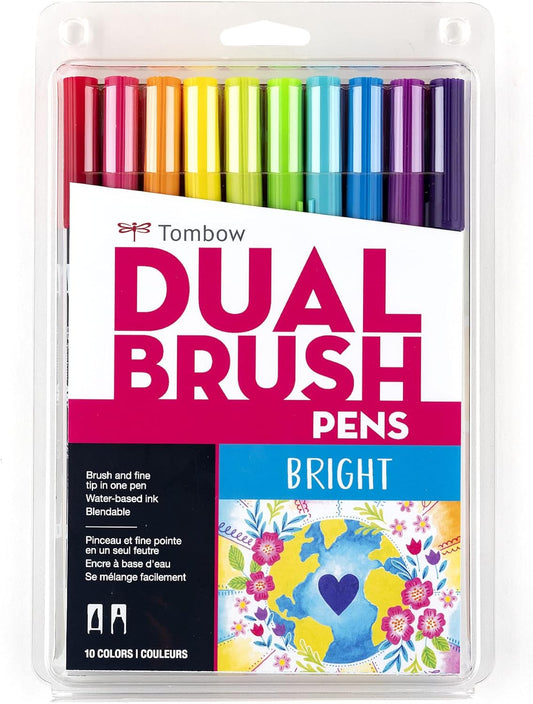 Tombow 56185 Dual Brush Pen Art Markers, Bright, 10-Pack. Blendable, Brush and Fine Tip Markers
