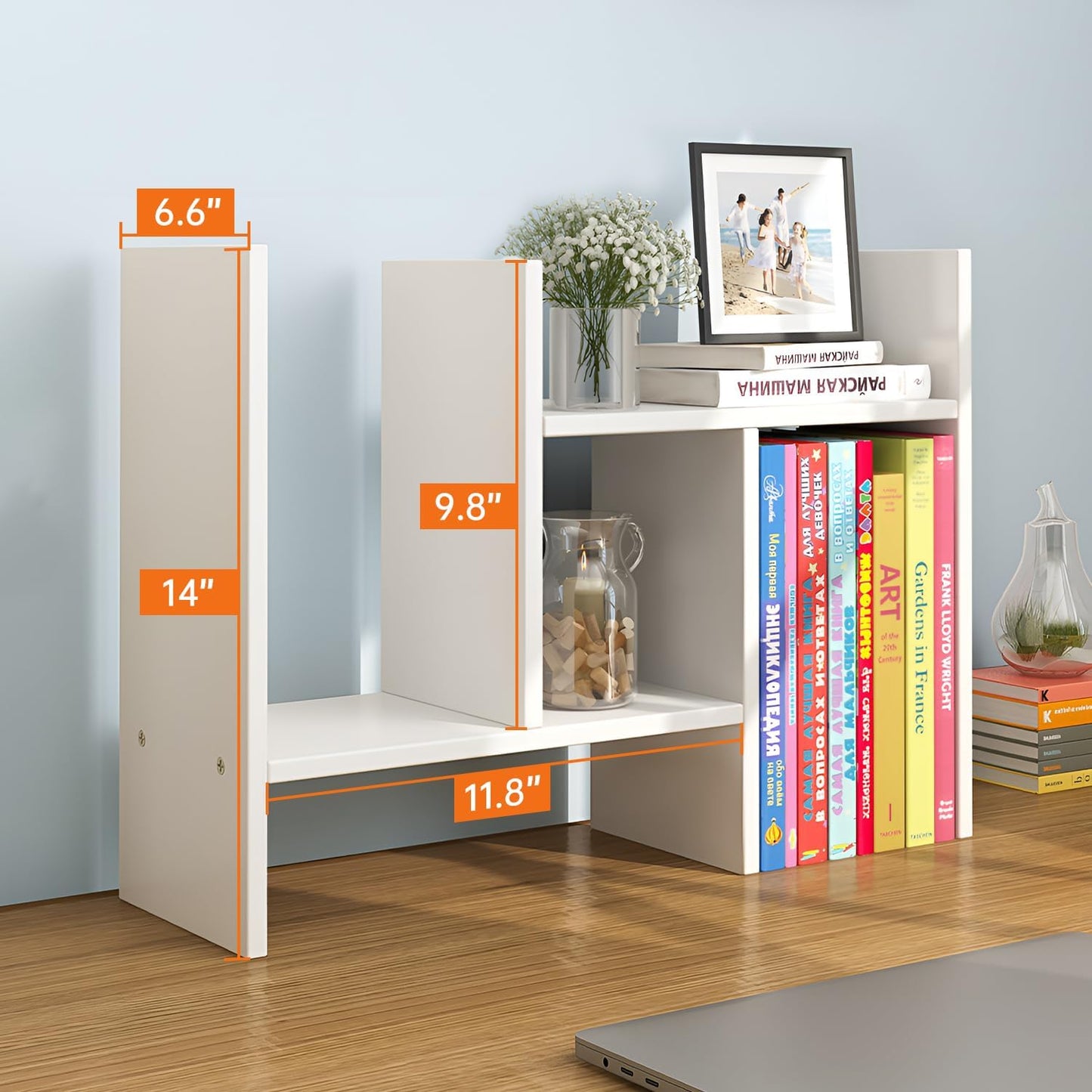 YSJILIDE Wood Adjustable Small Desktop Bookshelf, Expandable Storage Organizer, Organizer Office Storage Rack, Display Shelf Rack, Office Supplies Desk Organizer(White)