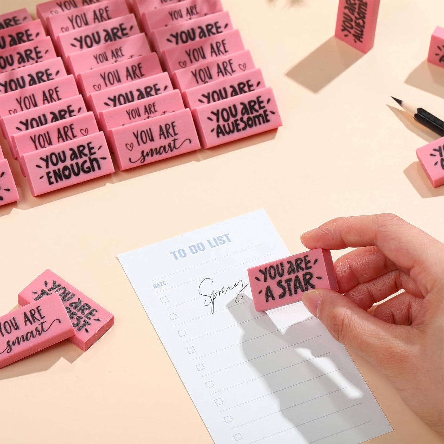 PerKoop 50 Pcs Pcs Inspirational Pink Erasers Bulk Small Motivational Block Pencil Erasers Back to School Gifts for Classroom Students Teachers Office Stationery Supplies