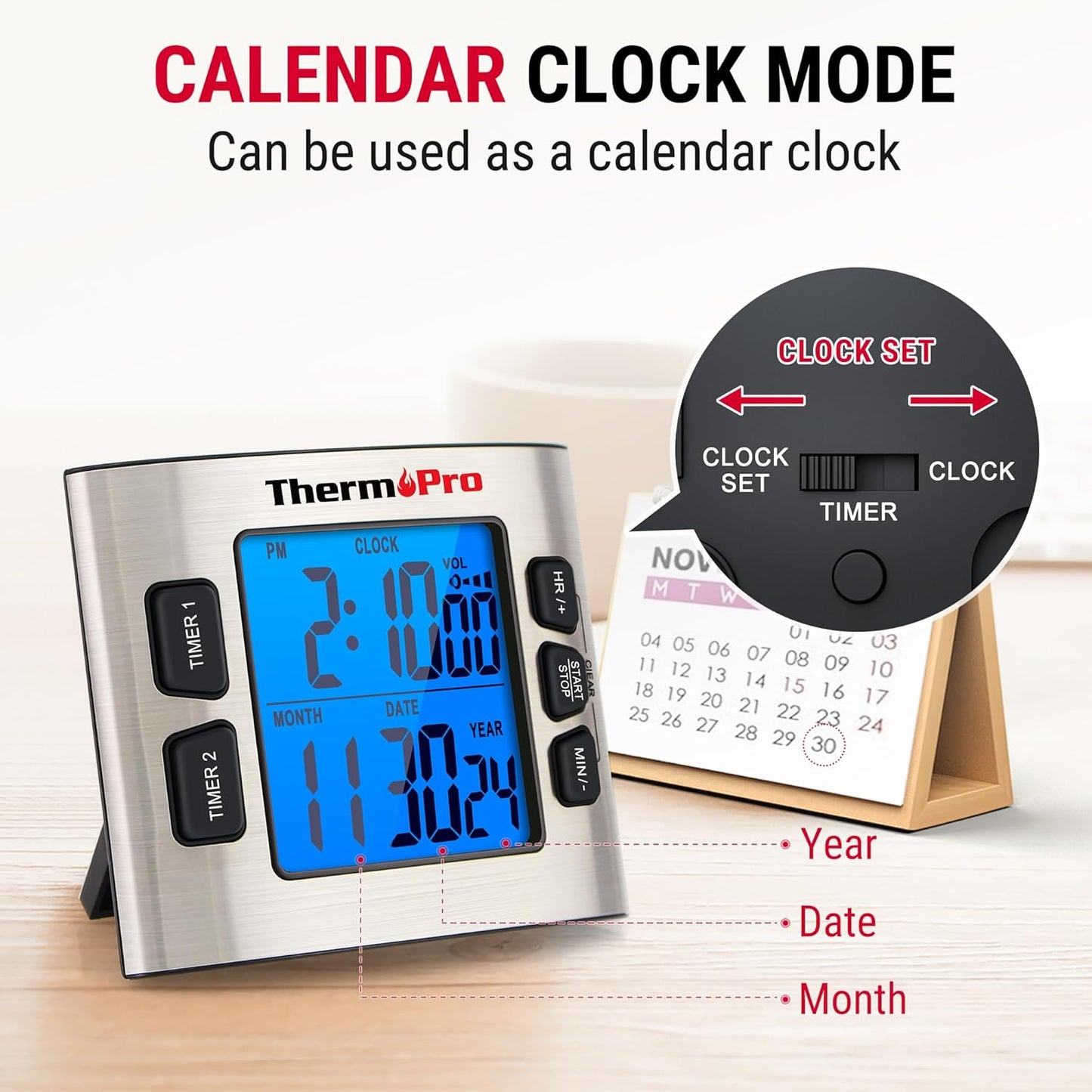 ThermoPro TM02 24 Hours Digital Timer with Dual Kitchen Timers for Cooking, Stop Watches Magnetic Timer Clock with Adjustable Alarm Volume & LCD Backlit Display, Classroom Timer for Kids & Teachers