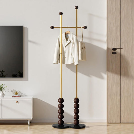 Metal Freestanding Coat Rack with Stainless Steel Double Rods & Marble Base, Hanging Clothes Rack for Entryway, Hallway, Bedroom, Living Room, Gold