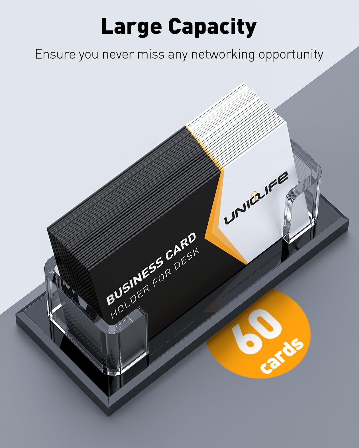 Uniclife 2 Pack Acrylic Business Card Holder for Desk 1 Slot Clear Horizontal Business Card Stand for Men & Women Desktop Name Card Display Stand Card Organizer for Office Exhibition, 60 Card Capacity