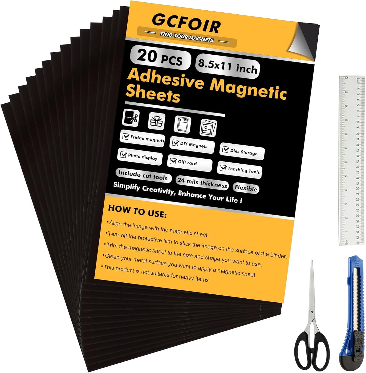 Adhesive Magnetic Sheets 8.5 x 11 Inch, 20 Packs Magnetic Sheets with Adhesive Backing - 0.5mm Thickness Flexible Magnet Sheets for Dies Storage, Craft Projects, Photos, School, Office
