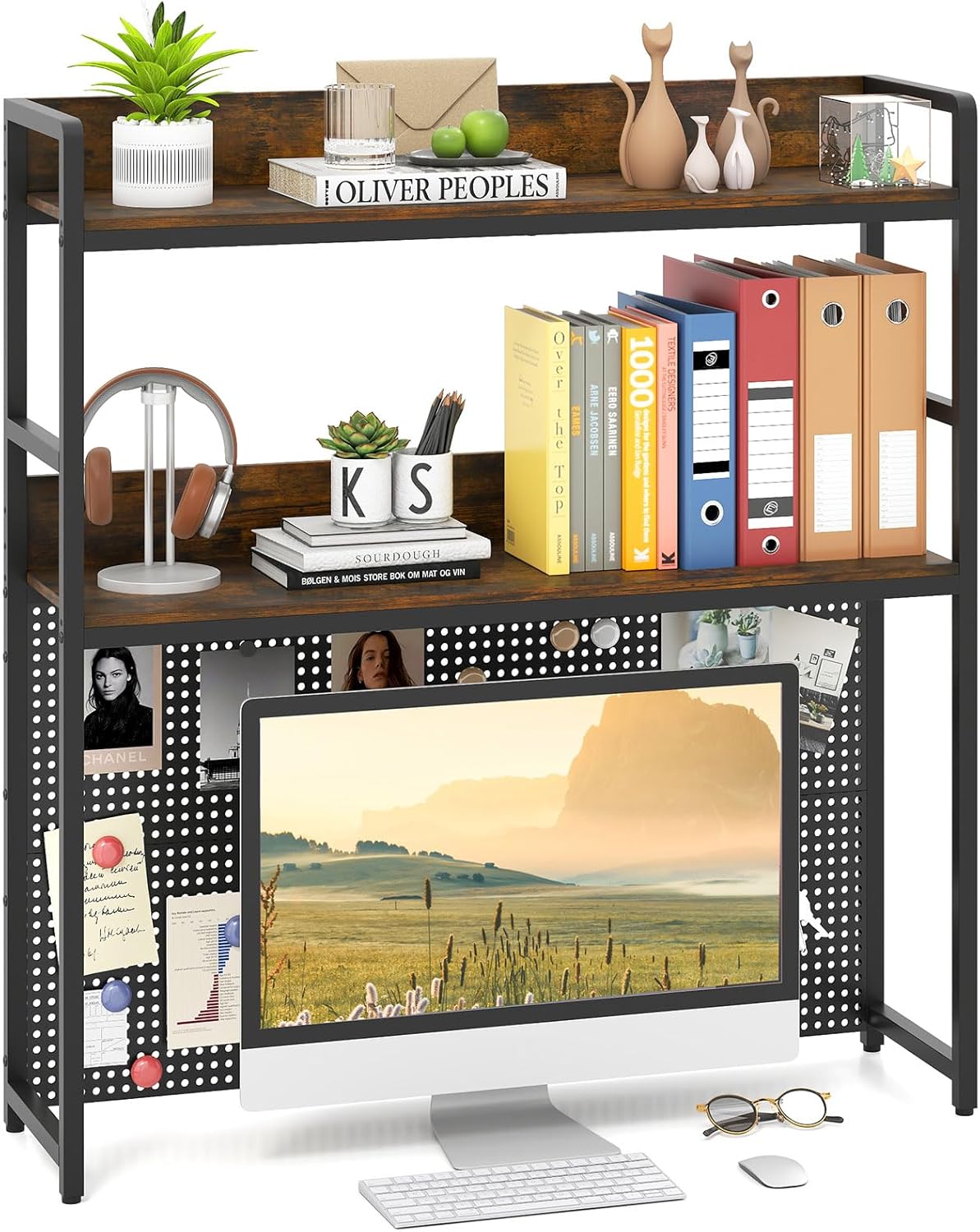Giantex Desktop Bookshelf, 2-Tier Desk Hutch Dorm with Pegboard for up to 32" Computer Monitor, Industrial Countertop Storage Organizer Rack, Desk Shelf for Home Office, Rustic Brown