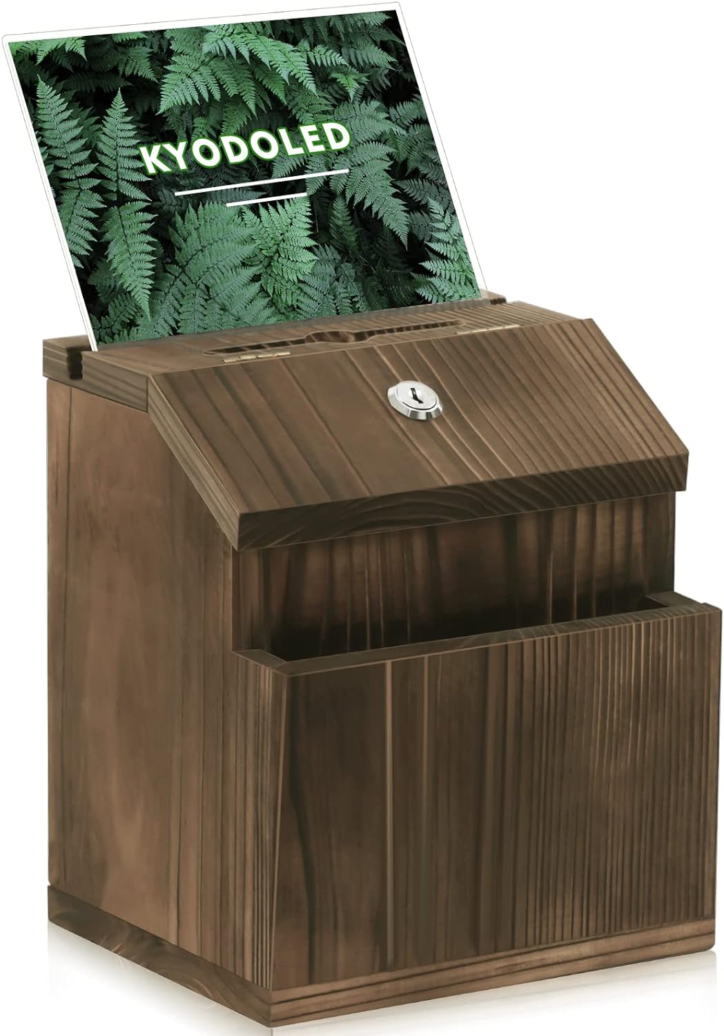 KYODOLED Wood Suggestion Box with Lock Wall Mounted, Rustic Ballot Donation Key Drop Box with Clear Acrylic Sign Holder and 30 Free Suggestion Cards 9H x 6.9W x 8.5L Inch
