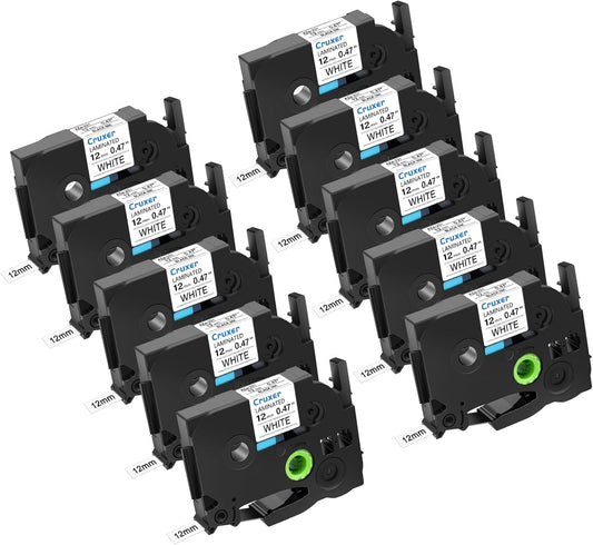 Cruxer 10 Pack Replacement for P-Touch TZe-231 TZe231 TZ231 12mm 0.47" Black on White Laminated Label Tape Compatible for Ptouch PT-D200 PT-D210 PT-D400 PT-H100 PT-1230PC Label Makers