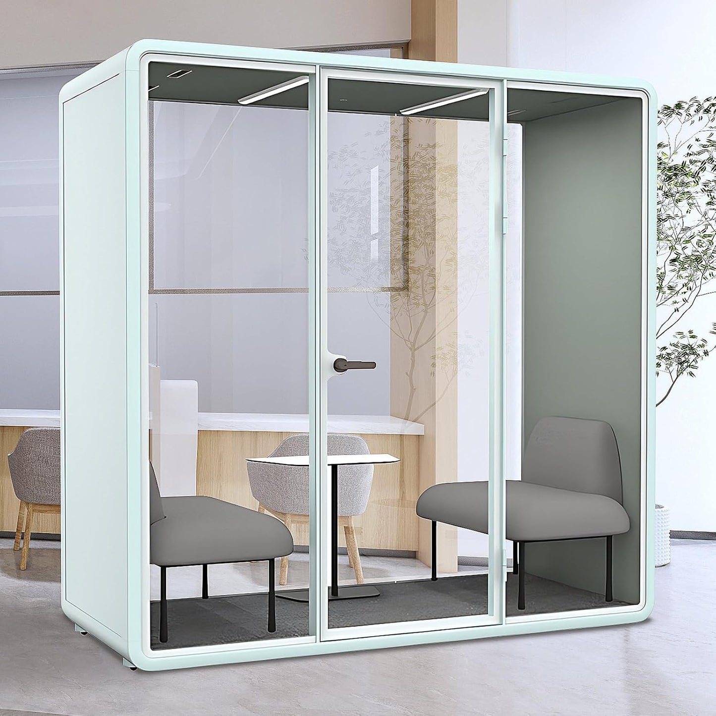 Office Sound Booth with Audio Privacy - Portable Soundproof Pod with Stylish Light Blue Frame,Soundproof Room with Light,Ventilation,Socket for Conversation,Reception Room