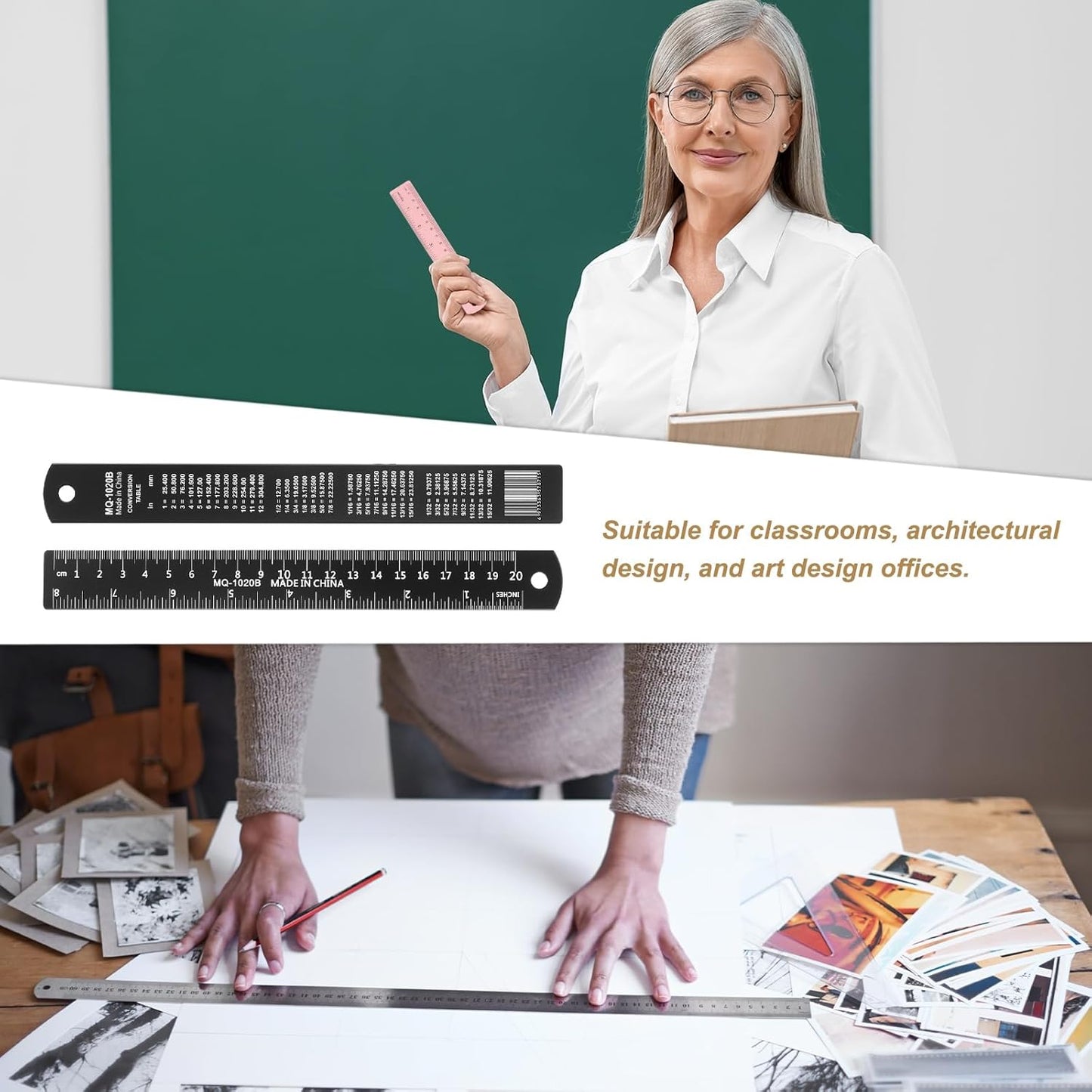 HARFINGTON 6pcs Metal Straight Ruler 20cm Metric SAE Aluminum Alloy Measuring Rulers Scale Tool with Hole for Measure Study Reading Classroom Office, Black