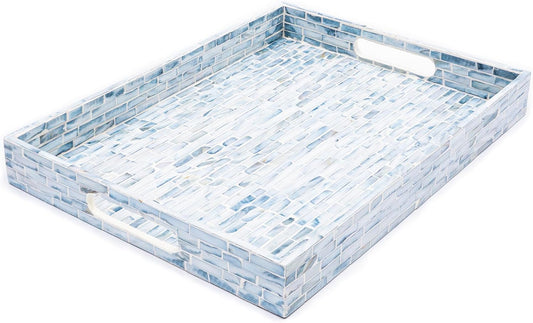 CLAYNIX Serving Tray 12.5 Inch, Wooden Lacquer Tray with Mother of Pearl Inlay, Elegant Tea & Breakfast Tray with Handles (Rectangle)