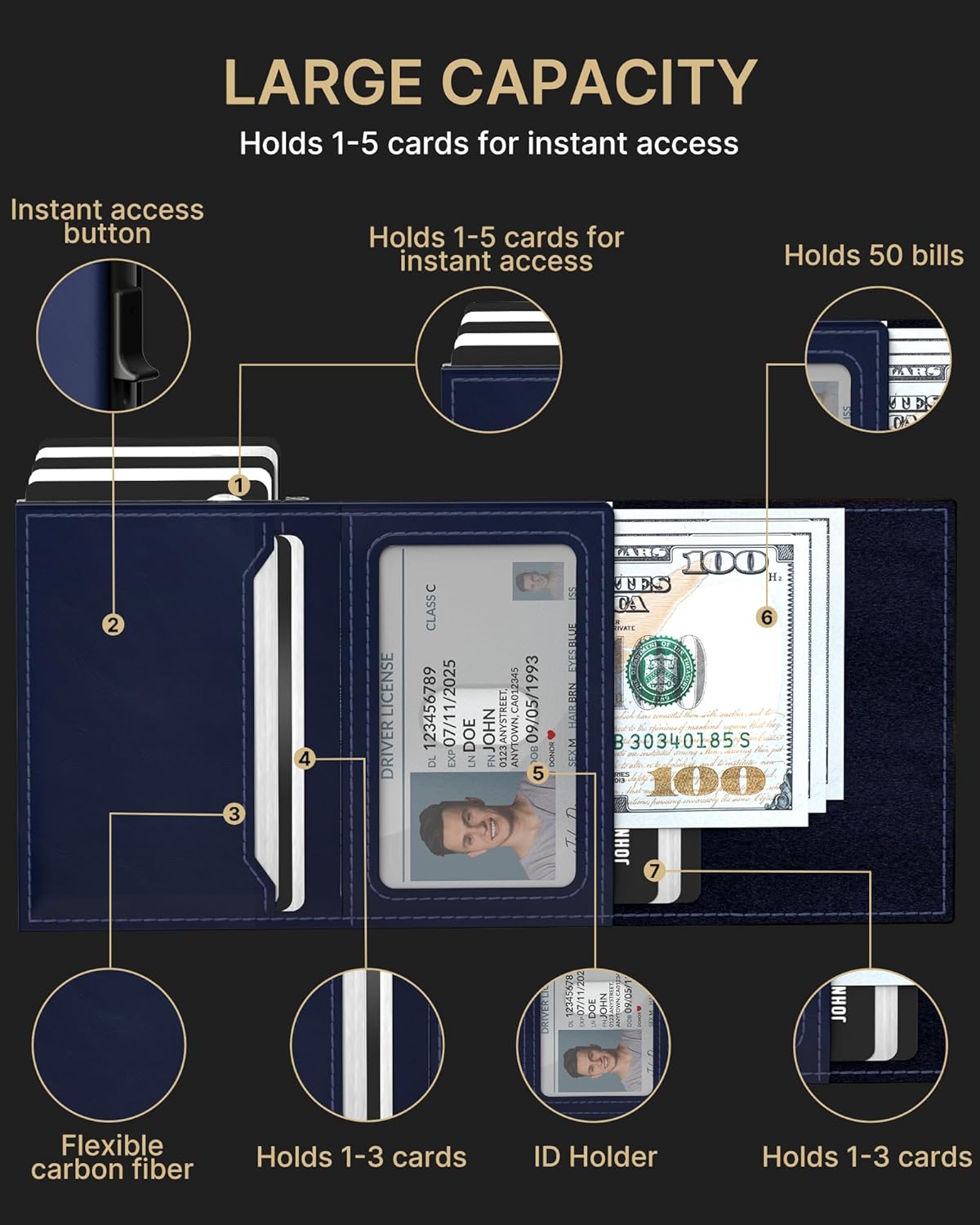typecase Mens Wallet Card Holder: Pop Up Aluminum Case, Premium Genuine Leather, Smart, RFID Blocking, Slim, Minimalist, Front Pocket - 9-14 Card Capacity | ID Window | Cash Slot (Navy)