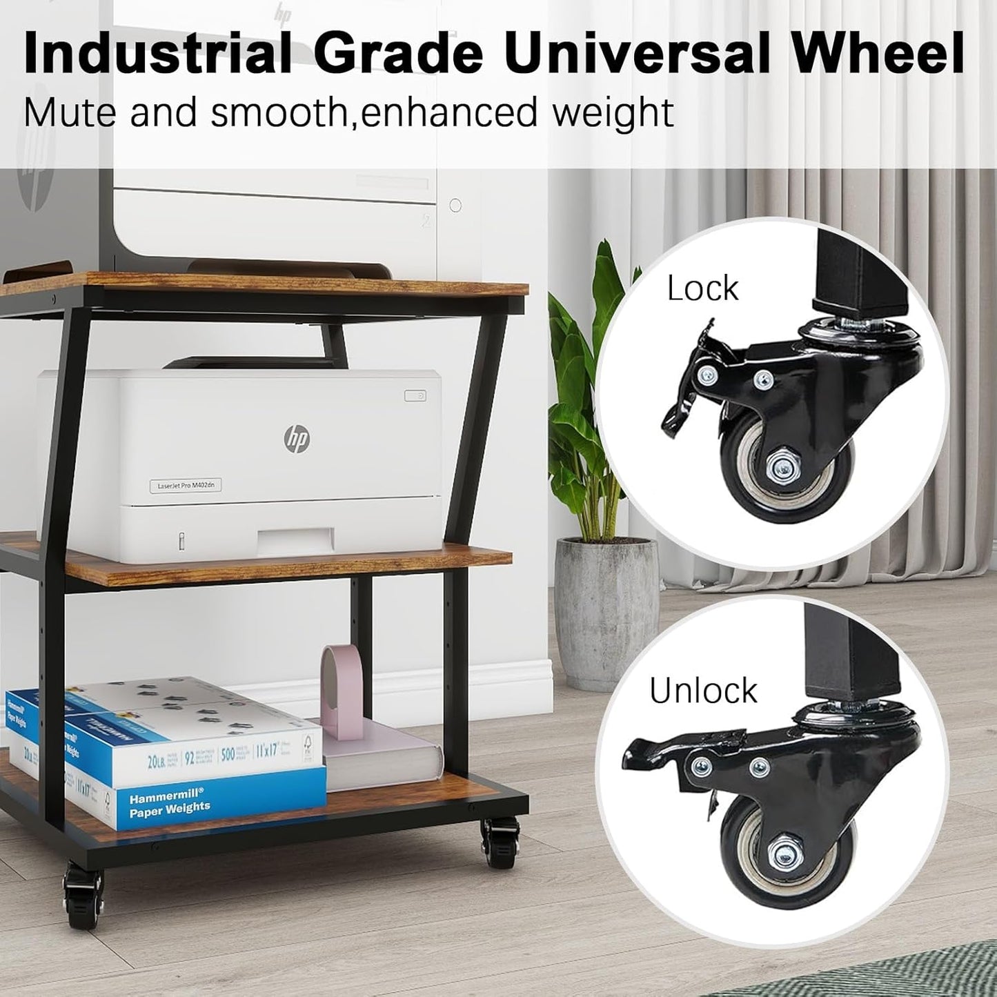 Natwind 3-Tier Large Printer Stand,23.6"x23.6"x29.5" Heavy-Duty Printer Table Cart with Paper Storage Shelf & Wheels,Ideal for Home Office Laser Printers, Copiers (Retro)