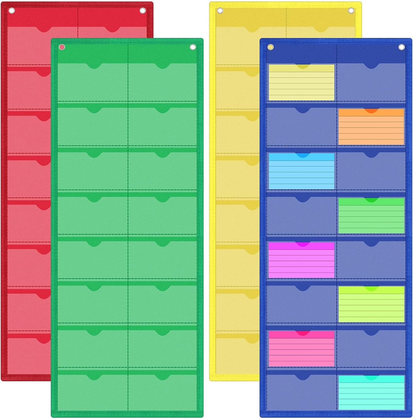 4 Pack 3'' x 5'' Index Card Holder Sleeve 16 Slot Plastic Organizer Hanging Wall Mount Business Note Cardholder PVC Clear Organizer Pocket for Classroom Office Library Home (Multicolored)