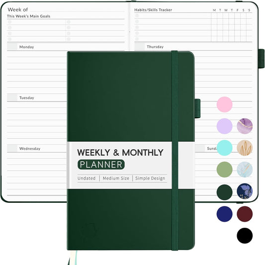 Undated Weekly Planner for 2025, Forvencer Simplified Weekly & Monthly Calendar Planner, Cute Daily Organizer Notebook, Agenda Journal to Track Goals & Tasks, Start Anytime, A5 Size, Dark Green