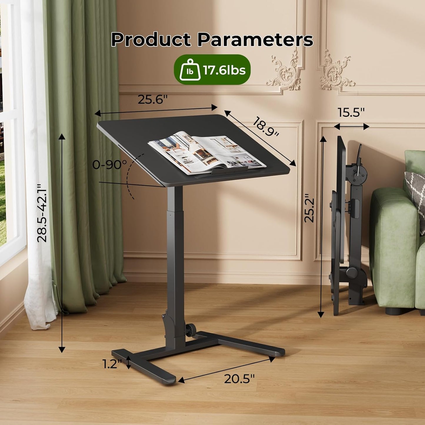 Foldable Standing Desk，Small Mobile Sit-Stand Desk with 90 Tiltable Top，Rolling Rising Laptop Workstation Adjustable Height，Portable Table on Hidden Wheels/4 Lockable Casters，Black