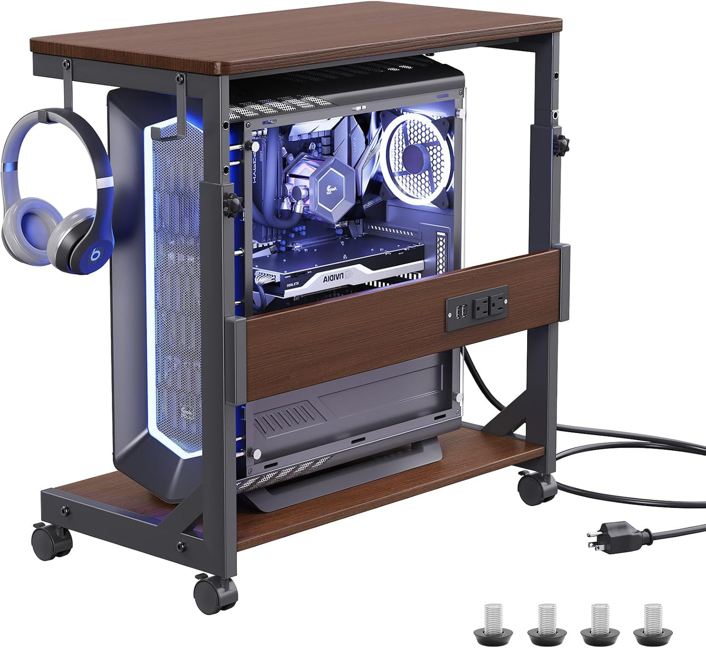 Height Adjustable Computer Tower Stand with Charge Station and USB Charging Port, 2-Tier ATX-Case Cart, Under Desk Mobile PC Stand, CPU Holder Cart with Locking Caster Wheels for Fits Most PC