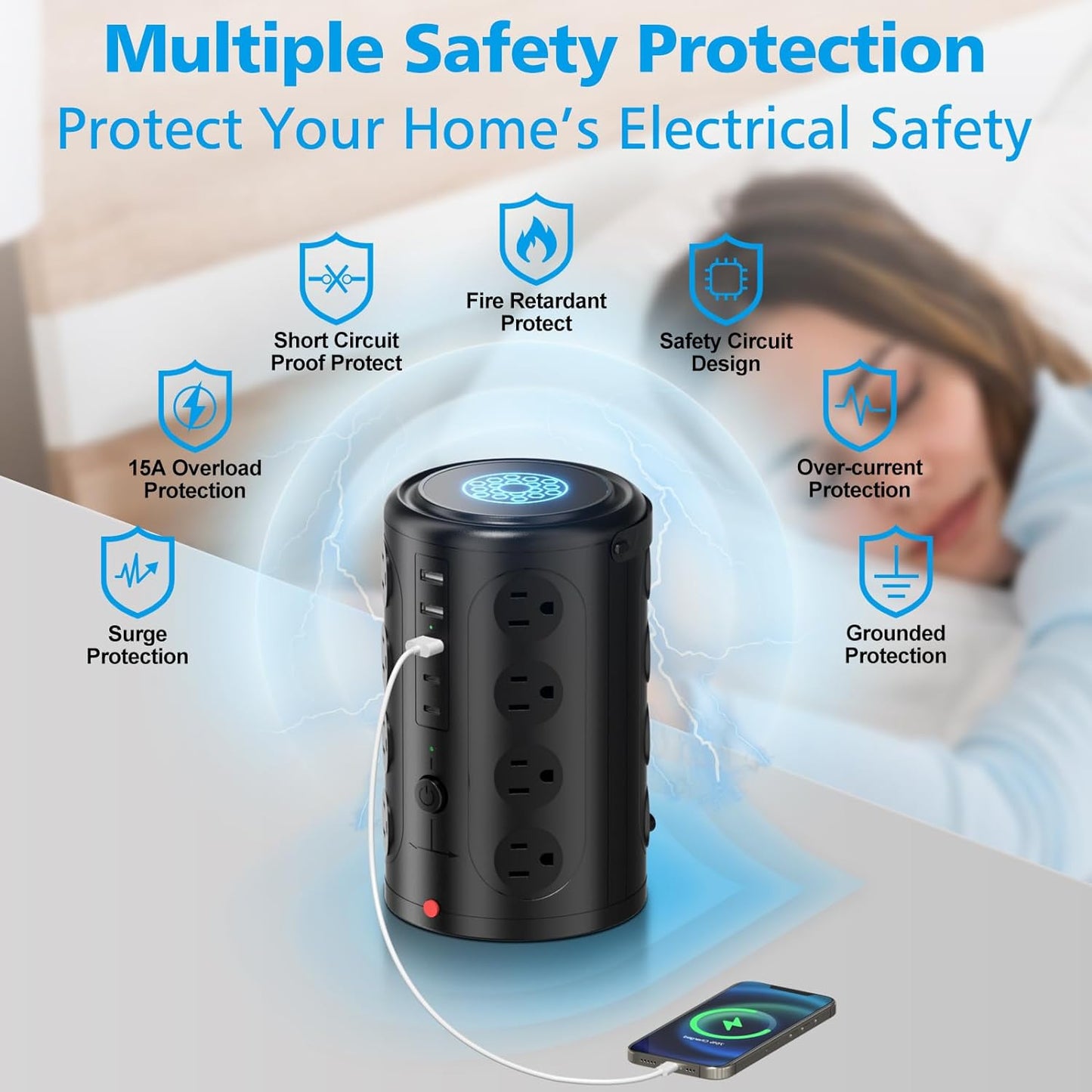 Power Strip Surge Protector Tower with 16 Outlets and 5 USB Ports (2 USB-C), 10ft Extension Cord, 45° Flat Plug, Charging Station for Home, Office, Dorm Room Essentials (Black)