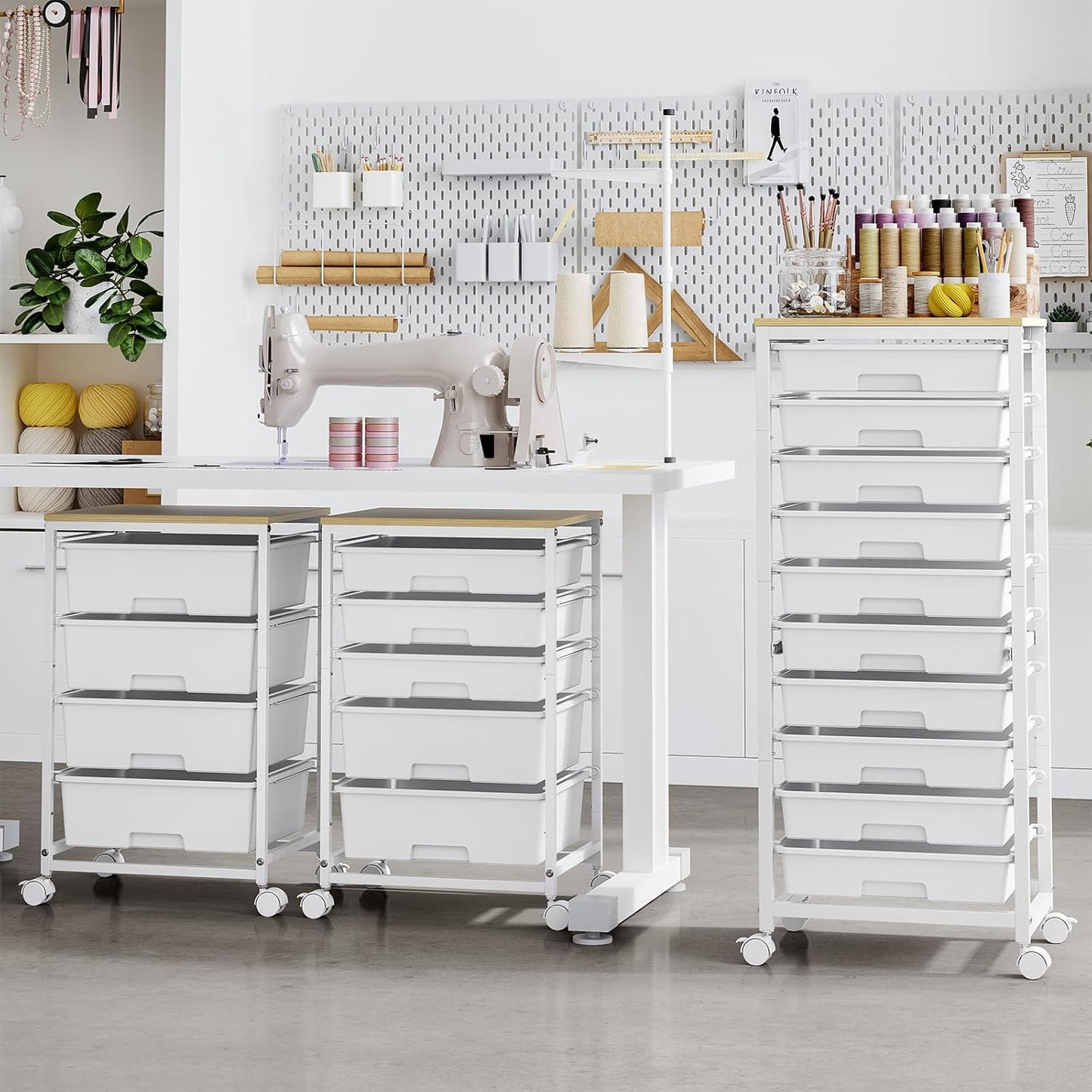 Rolling Cart with Drawers,10 Drawer Rolling Cart,Storage Cart with Wheels,Utility Cart with Drawers,Teacher Cart for Classroom Storage,Craft Cart with Wheels and Wooden Tabletop,White