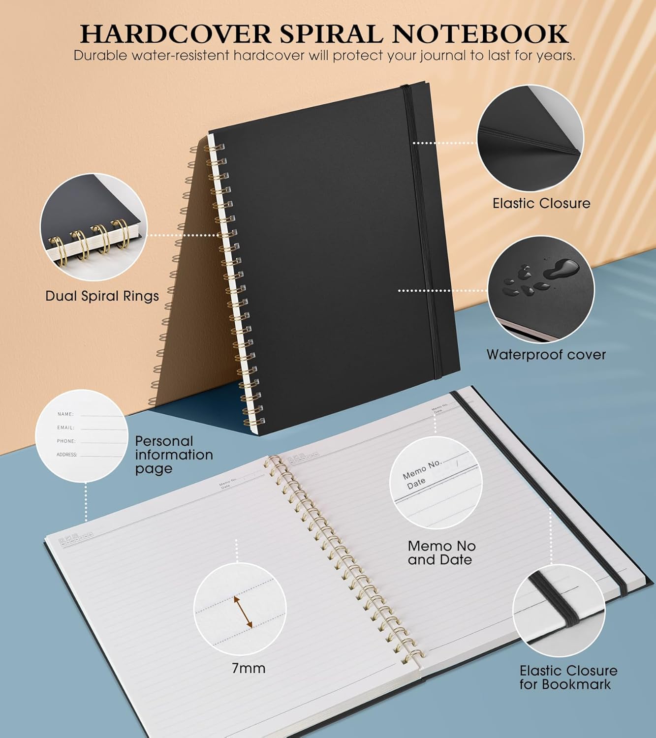 Spiral Notebook Journal 8.5” x 11”, A4 Large Notebooks for Women Men, College Ruled Lined Journal, 100 GSM Paper, Plastic Hardcover Spiral Bound Journals for Work School Note Taking Business, Black