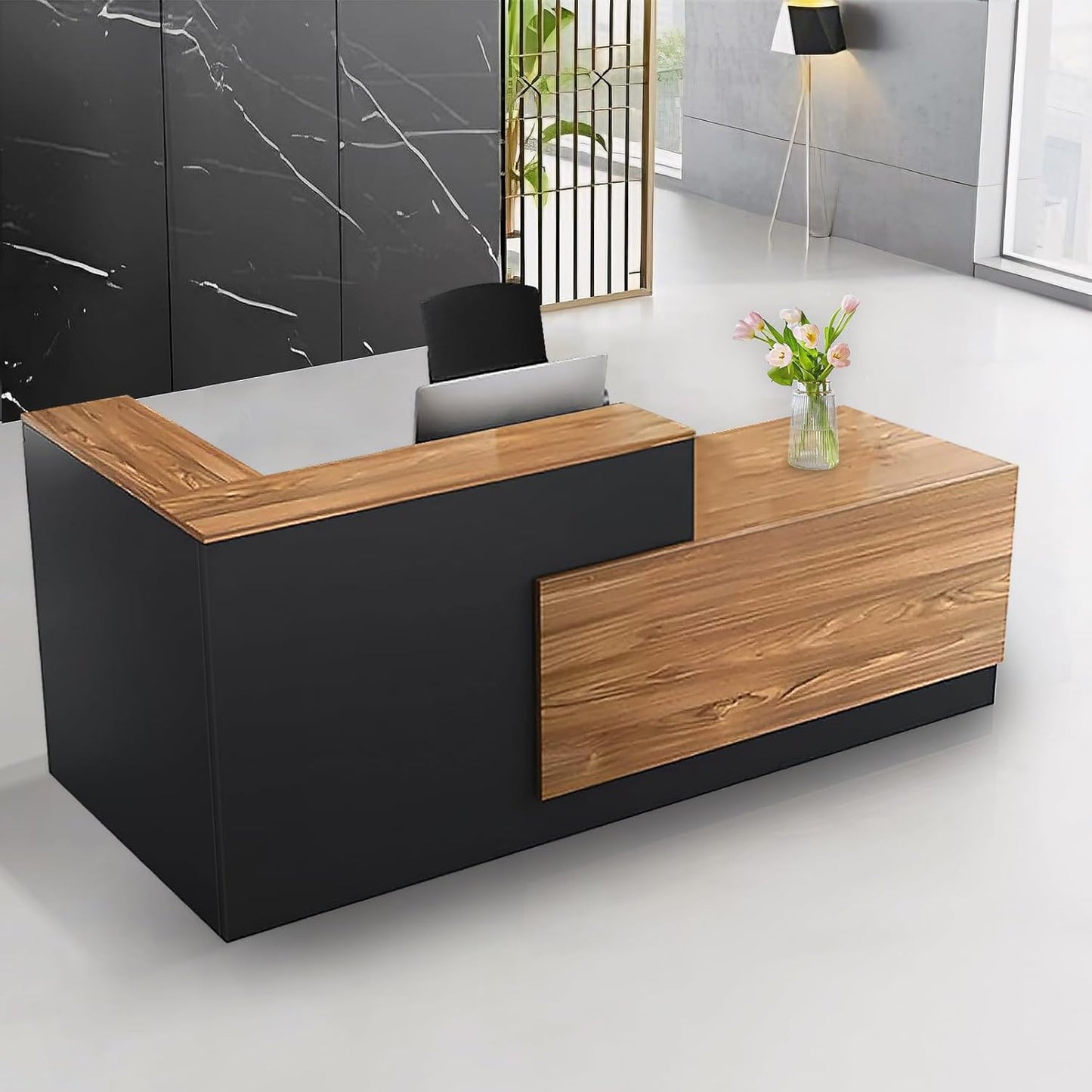 Modern Reception Desk with Counter and Drawer Office Front Desk with Cabinet Wooden Commercial Reception Table Checkout Counter for Retail Salon Lobby Black and Wood Right 71inch/180cm