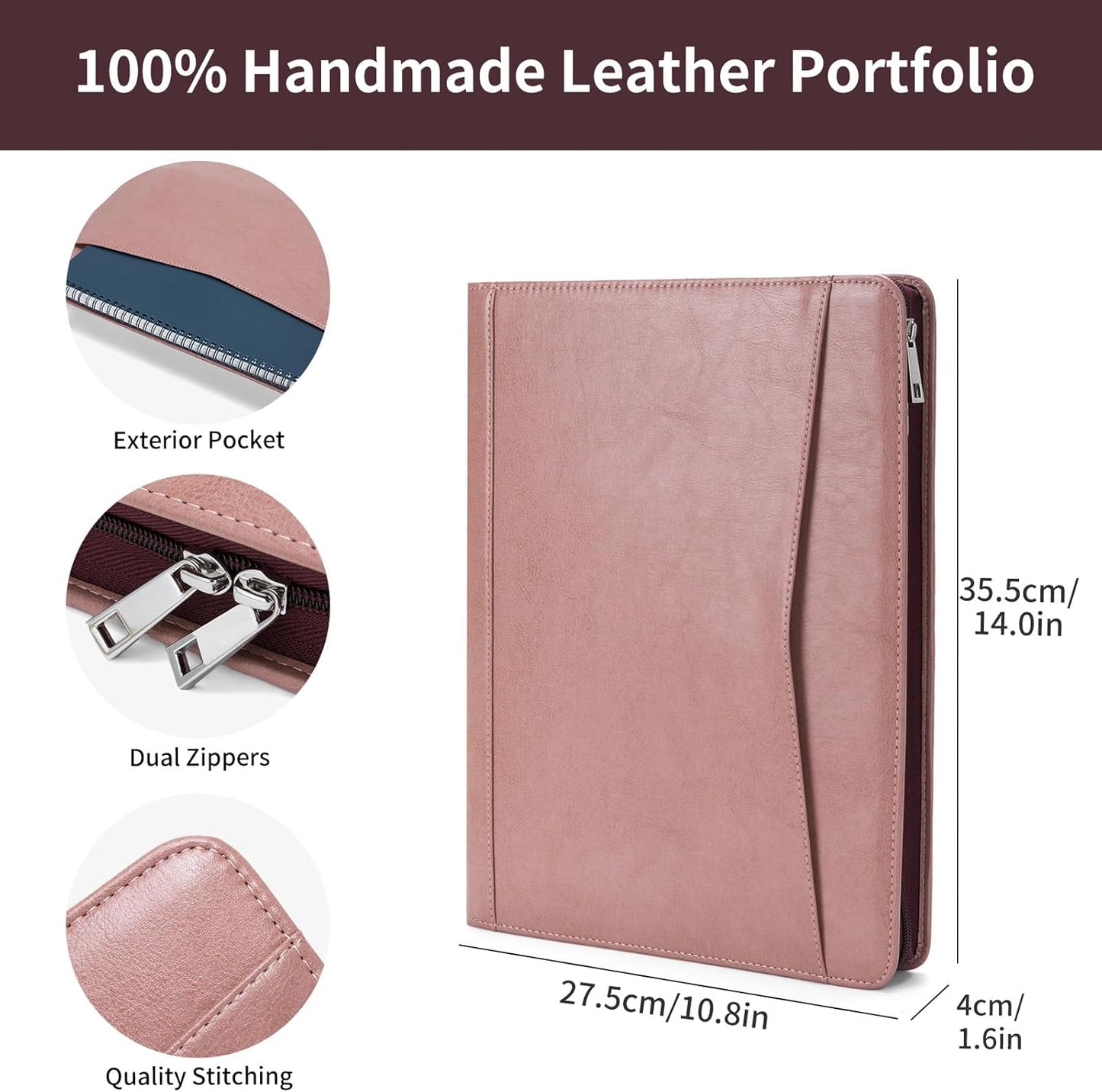 Vegan Leather Portfolio with Front Pocket for Women, 8.5 x 11 Legal Pad Notepad Holder, Zippered Business Organizer, Professional Executive Letter Notebook Folder for Work, Pink