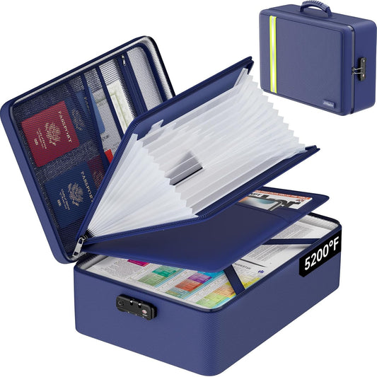 5200℉ Fireproof Document Bag, Insulated Document Box with Lock, Important Document Organizer with Waterproof Zipper, Portable Soft Home Travel Office Safe Storage with 13 Accordion File Folder,Blue