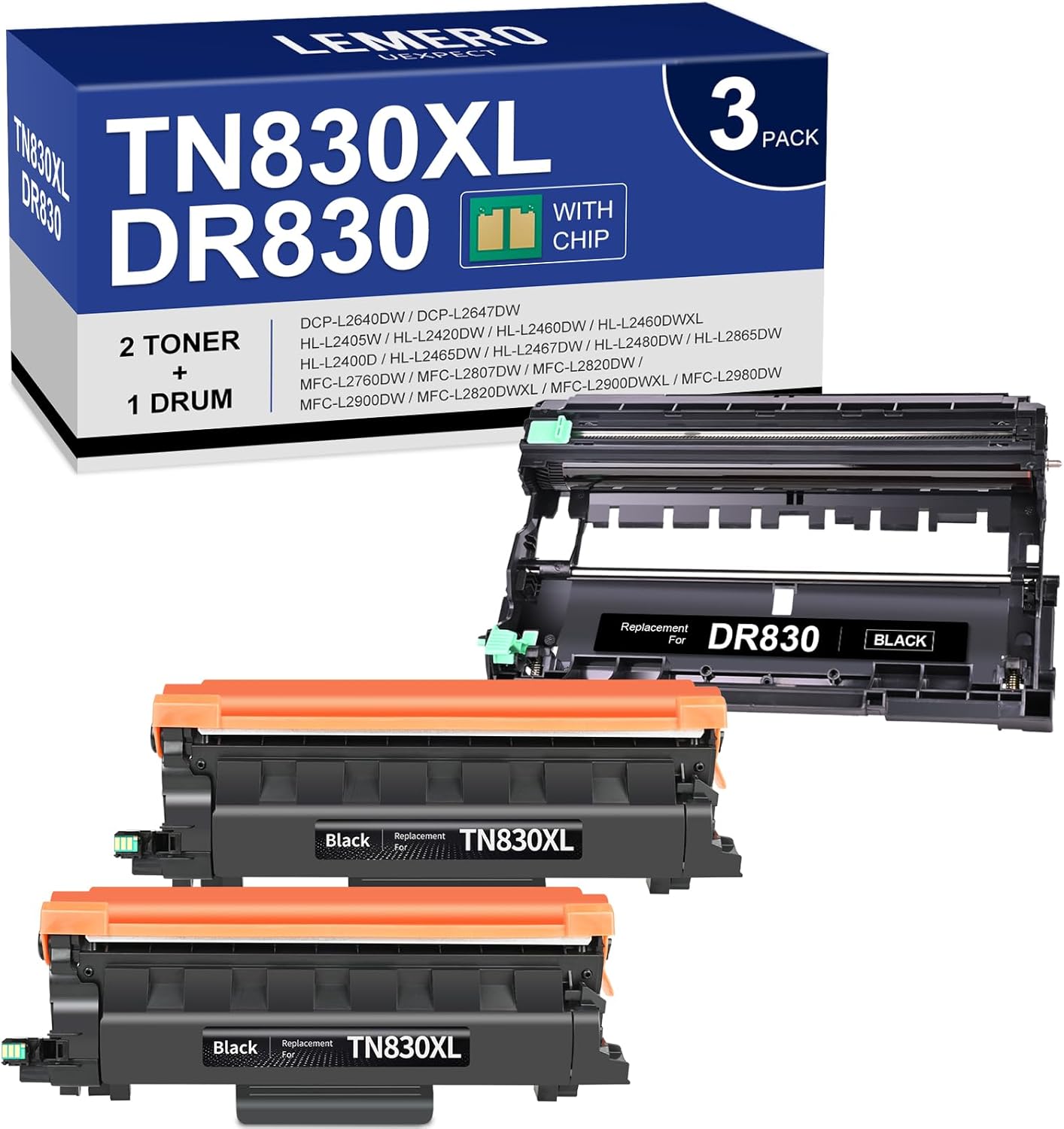 LEMERO UEXPECT Compatible TN830XL Toner Cartridge and DR830 Drum Unit Replacement for Brother TN830XL TN 830 DR830 for HL-L2460DW DCP-L2640DW HL-L2405W MFC-L2820DW Printer (2 Toners, 1 Drum Unit)