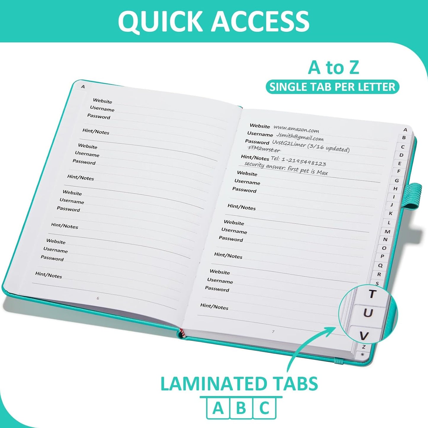 Password Book with Individual Alphabetical Tabs Laminated, Large Print Password Keeper Book for Seniors, A5 Hardcover Internet Password Log Book to Record Website Login Details - Aquamarine