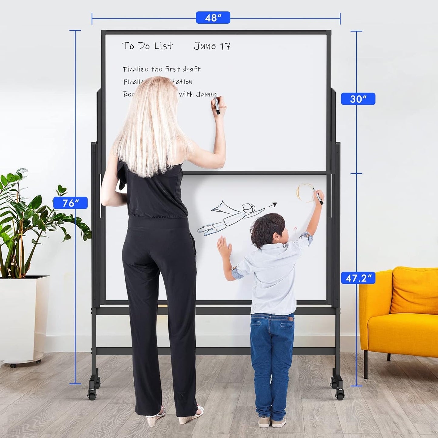 Double-Sided White Board on Wheels, 48x60 Inch (4'x5') Large Magnetic Mobile Dry Erase Board, Height Adjustable Stand Rolling Whiteboard for Office, Classroom, Home School Use, Black