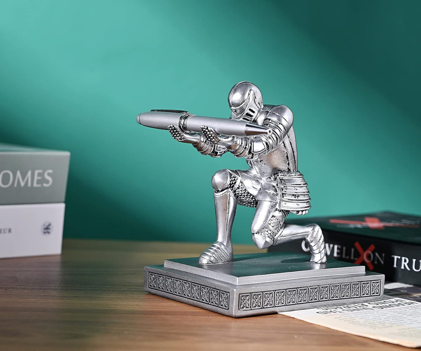 Knight Pen Holder Pen Stand Desk Organizers and Accessories Resin Pencil Holder as Gift with a Fancy Pen for Office and Home Desk Organizer (Silver)