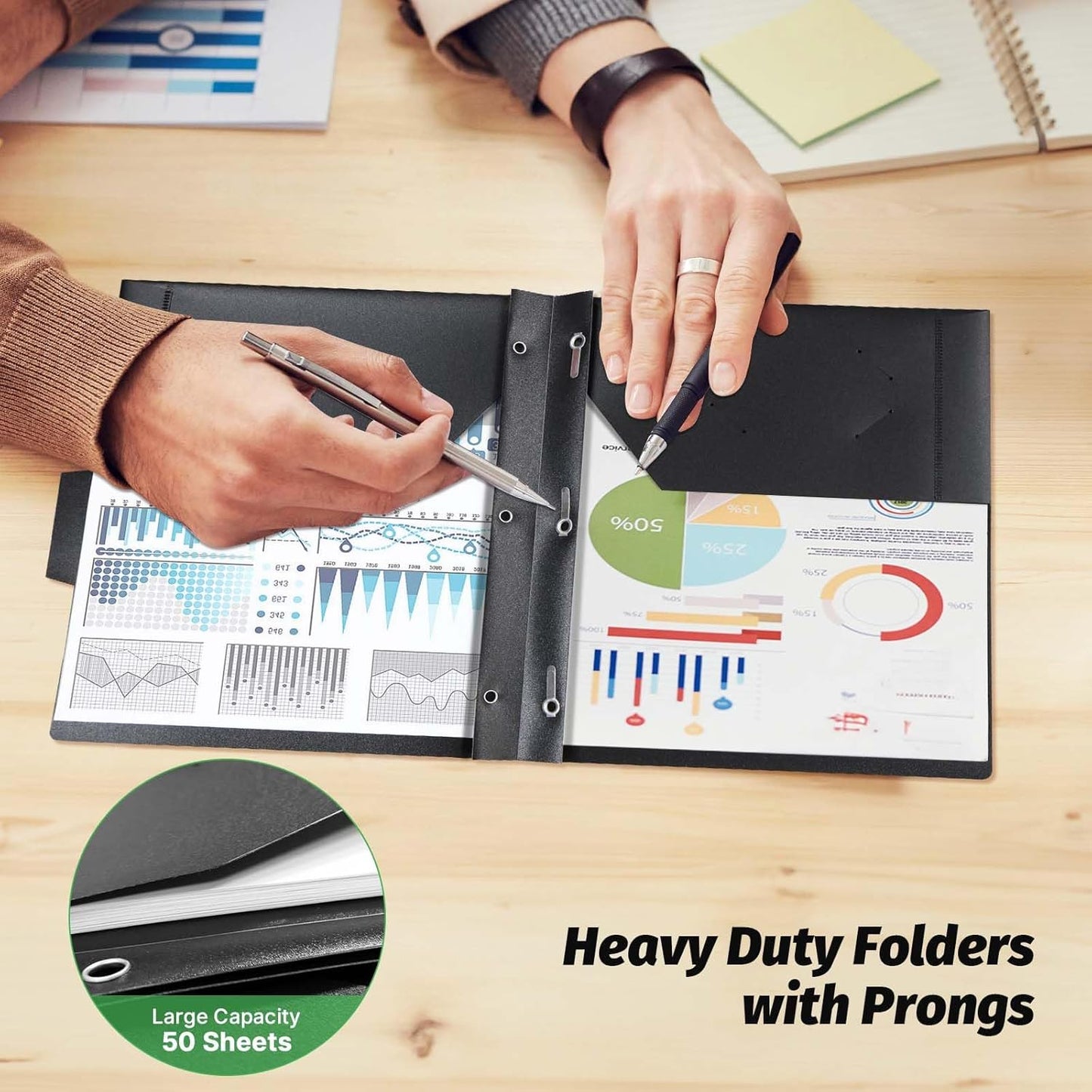 Plastic Folders with Pockets and Prongs,12 Pack 2 Pocket Folders with 3 Fasteners,Upgrade Tabs,Heavy Duty Pocket Folder with Brad, Black Folders with Card Slot,Colorful Labels,Letter Size