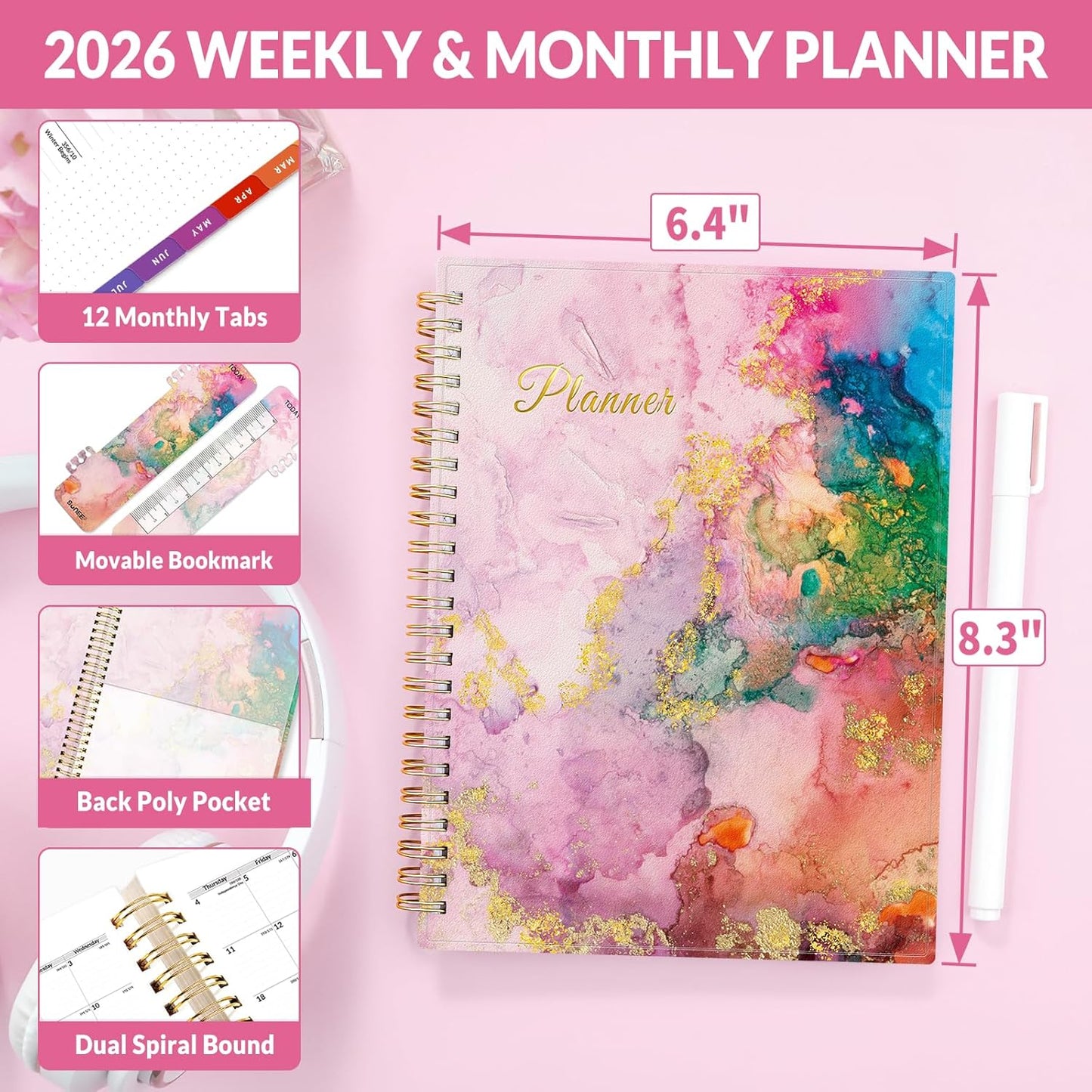 SUNEE 2026 Weekly and Monthly Planner - from January 2025 - December 2025, 6.4" x 8.3" Daily Agenda Planner with Monthly Tab, Flexible Cover, Note Pages, Pockets, Bookmark, Spiral Binding, Marble