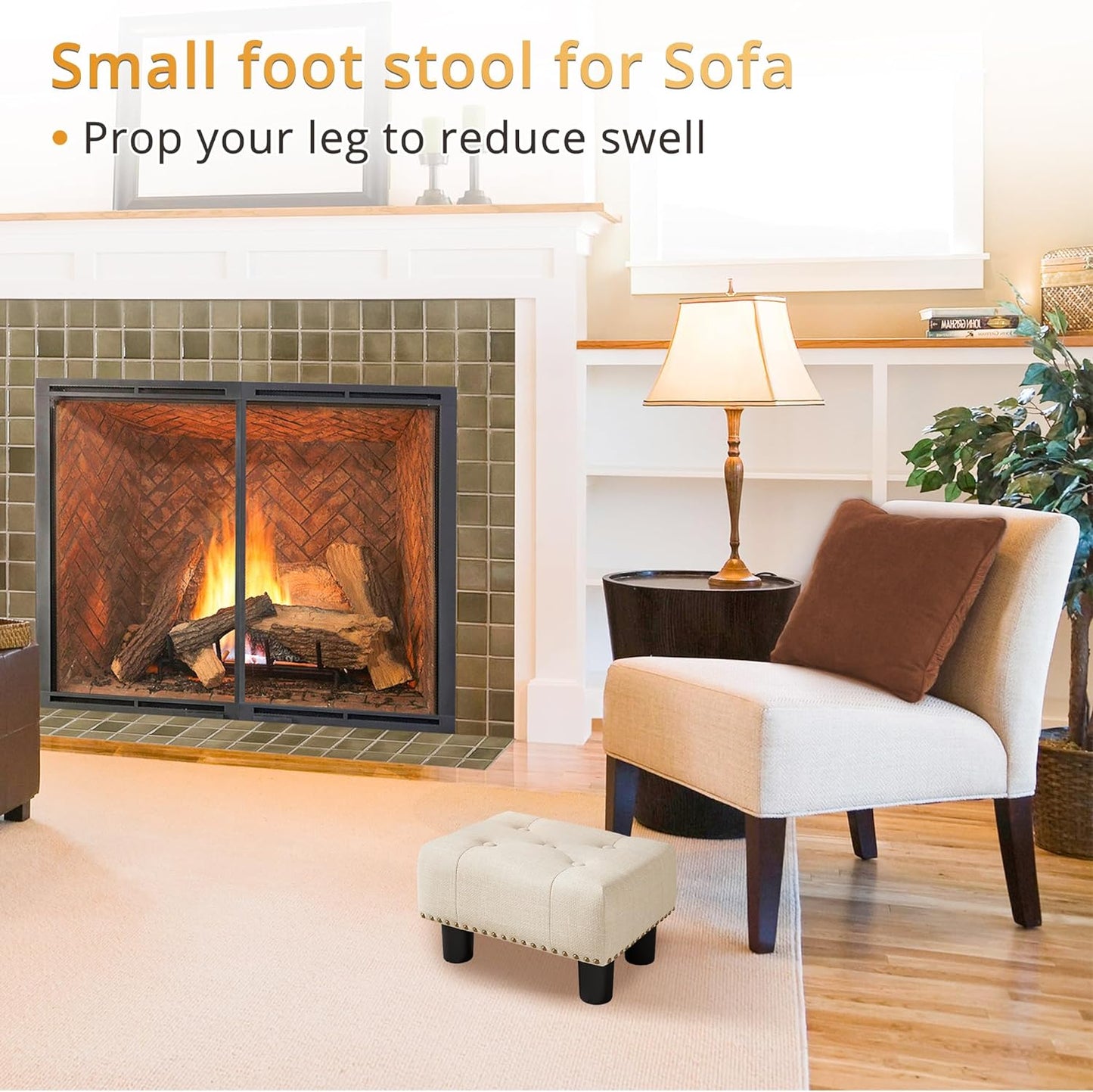 LUE BONA Small Tufted Foot Stool, Beige Linen Rivet Tufted Footrest with Plastic Legs, 9''H, Rectangle Foot Stools for Adult with Non-Slip Pads, Sofa Footstool for Living Room, Couch