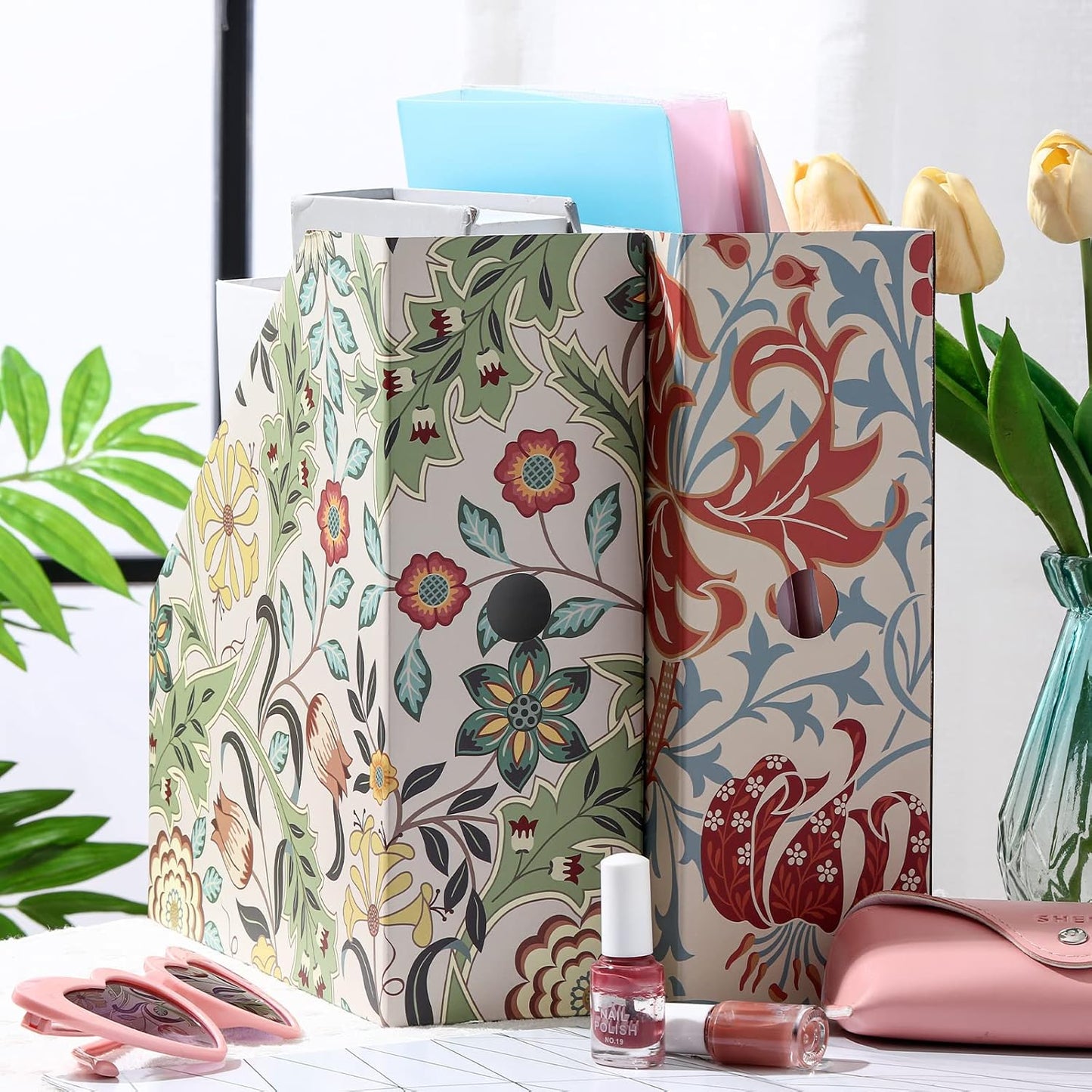PerKoop 12 Pcs Magazine File Holder Foldable Decorative Cardboard File Folders 6 Patterns Floral Colored Magazine Rack with Printable Sticker Labels for School Office Home Desk (Floral)