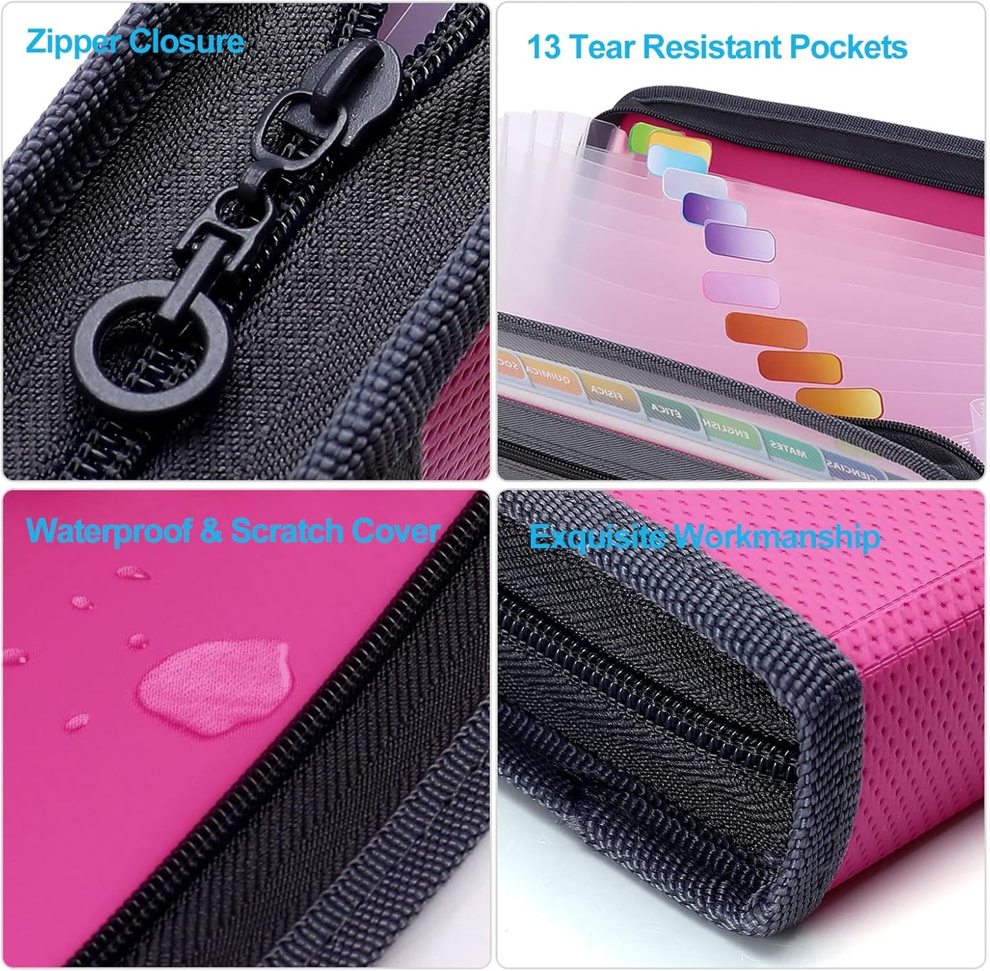MEGREZ Expanding File Folder with 13 Pockets, A4 Paper File Folder with Zipper Color Labels, Waterproof Accordion File Folder Organizer for Home Office, Pink