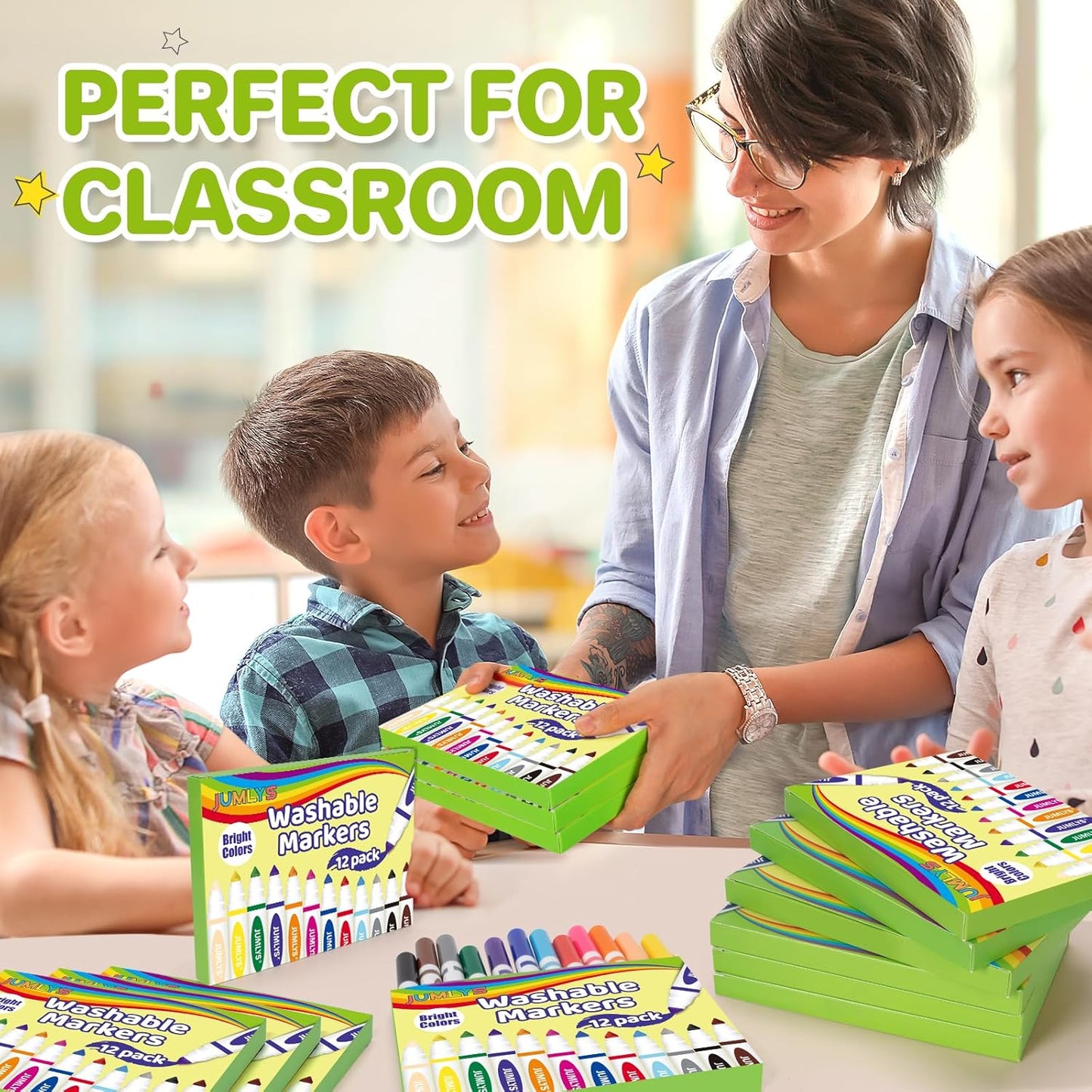 Jumlys 24 Boxes Washable Markers with 12 Colors, Bulk Color Marker for School Classroom, 288 Count Broad Tip Markers for Kids, Classroom Must Haves