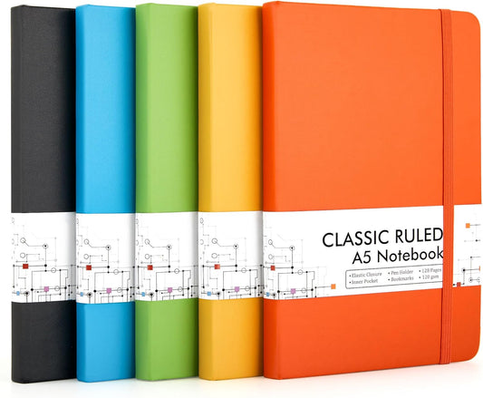feela Journal Notebook Bulk for School, Hardcover Business Classic Ruled Lined Journals with Pen Holder for Work Office Journaling, with 5 Black Pens, 120 GSM, 5.1”x8.3”, 5 Pack, A5, Solid Colors