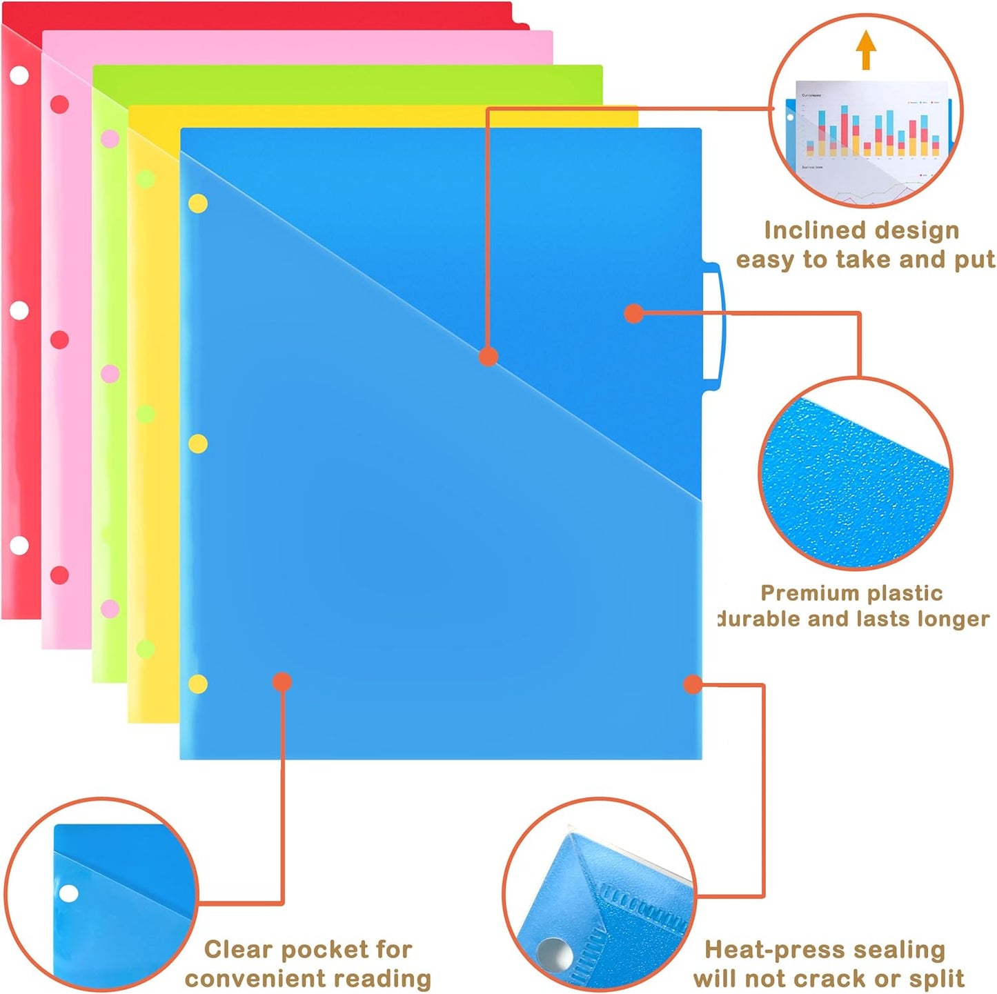 Plastic 5-Tab Dividers with Clear Front Pockets -2 Sets, Pocket Dividers for 3-Ring Binders, Multi-Color Binder Dividers, Total 10 Tabs