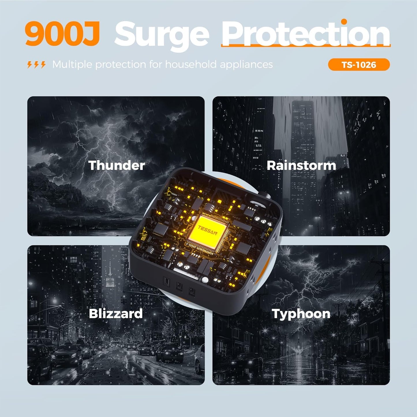 Surge Protector Power Strip, TESSAN 5 FT Black Flat Extension Cord with 8 AC Outlets 3 USB Ports (1 USB C), 900J Protection, 1875W, 3 Sided Wall Plug Extender, Desk Charging Station for Office, Dorm