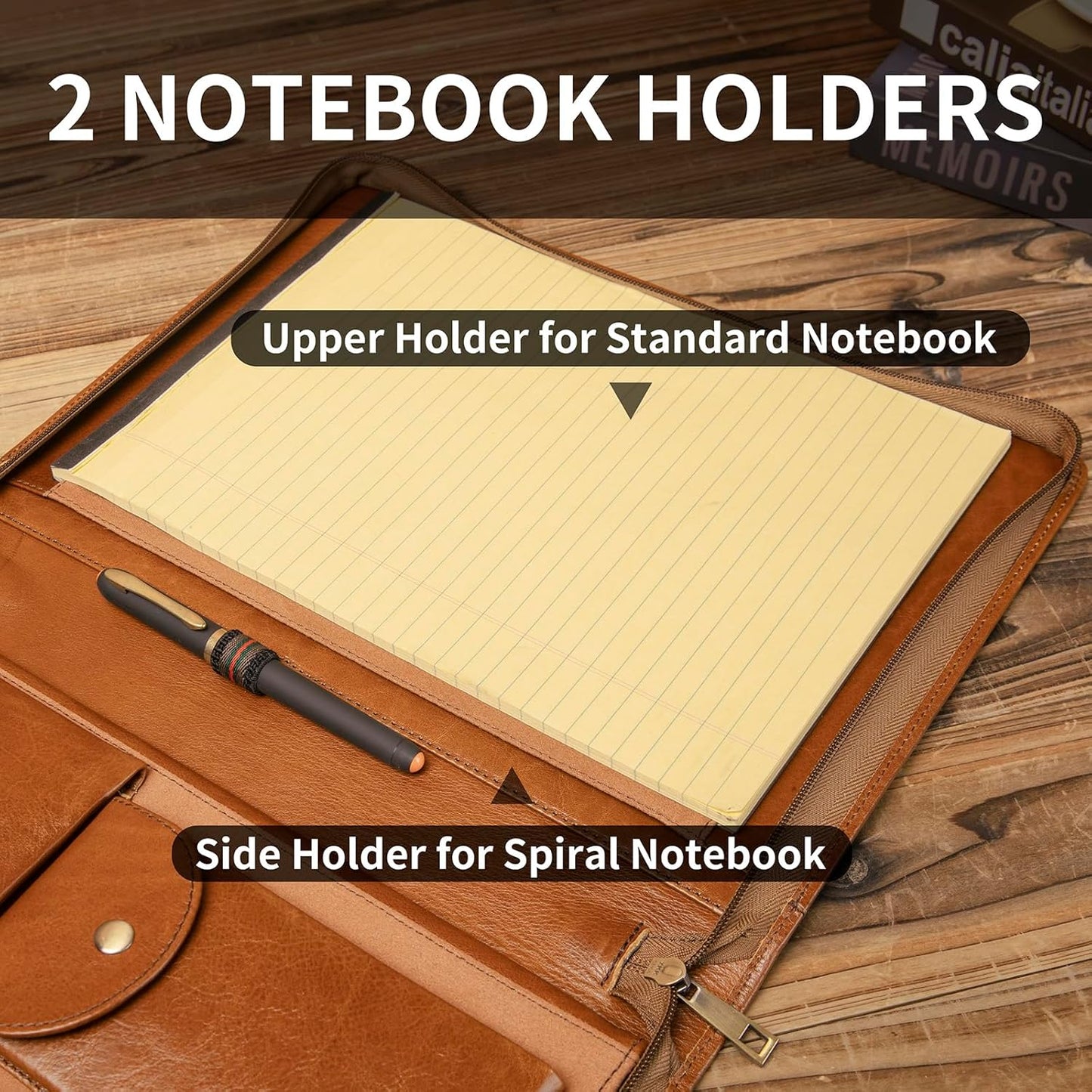 Genuine Leather Portfolio with Front Pocket for Men and Women, Zippered Padfolio Binder 8.5 x 11 Legal Pad Notebook Holder, Fits 13” Laptop, Professional Work File Case, Brown, Oil Tanned