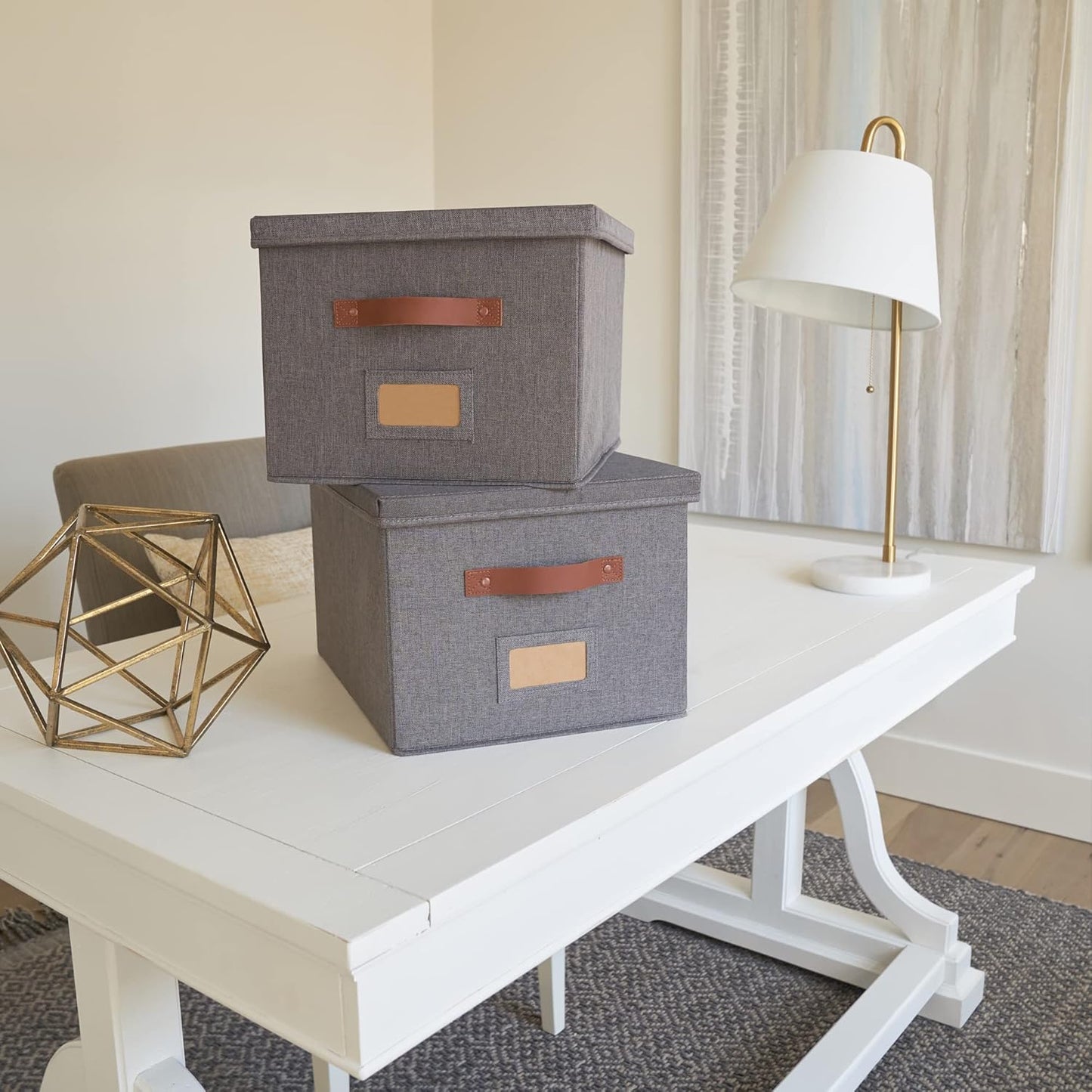 ZICOTO Decorative File Organizer Box Set of 2 - Collapsible Linen Filing Cabinets w/Handles Are Perfect to Store all Your Documents & Hanging File Folders - Portable Easy Slide Crates with Lid