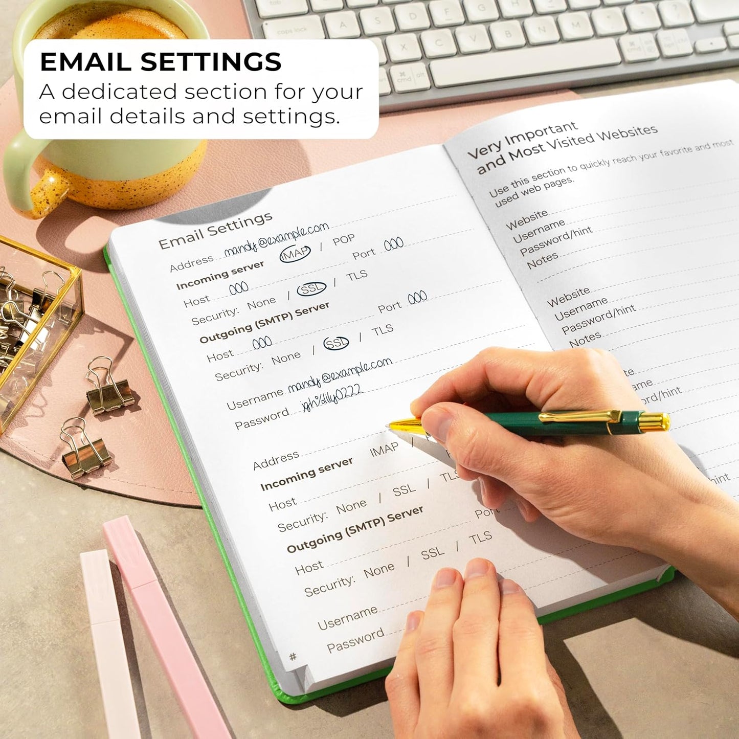 Clever Fox Password Book with alphabetical tabs. Internet Address Organizer Logbook. Large Password Keeper for Website Logins (Green)