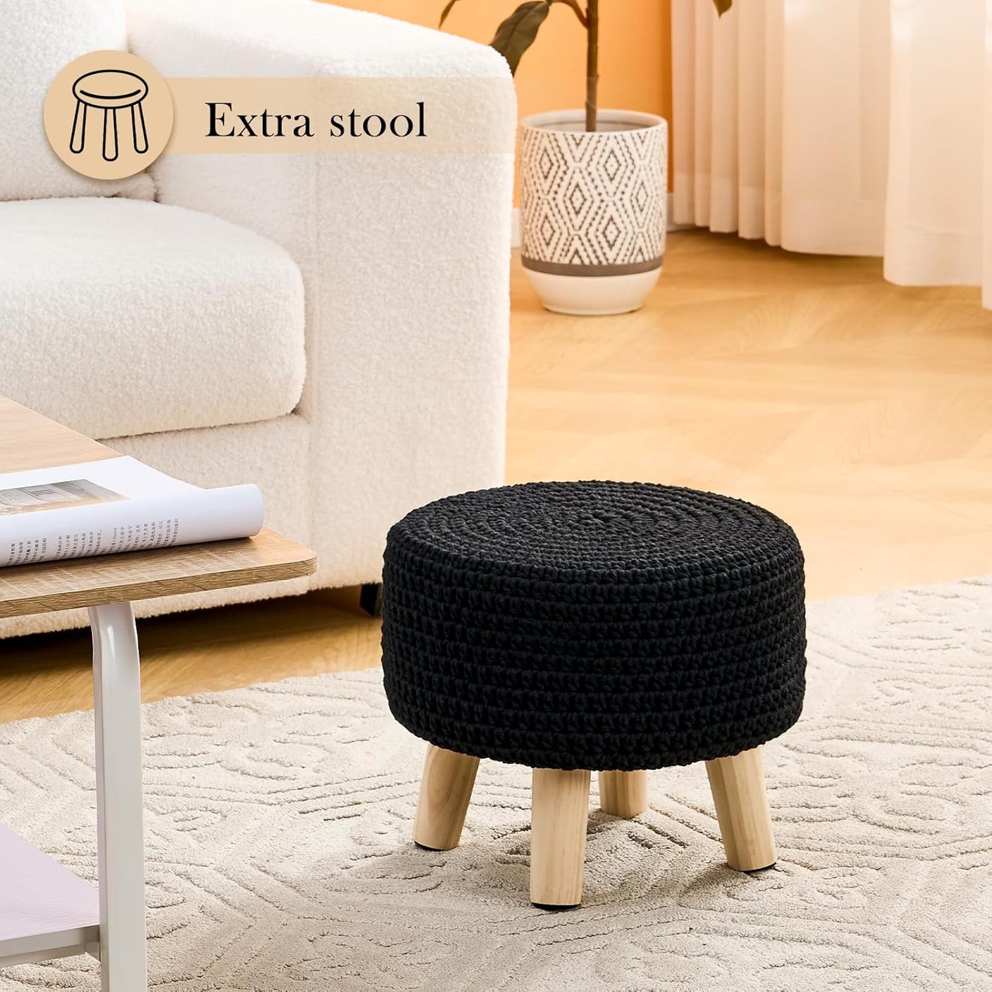 Boho Ottoman Foot Stool Cotton Knitted Round Pouf Ottoman Foot Rest Stool with Non-Skid Wooden Legs Step Stool Padded Seat for Living Room Black