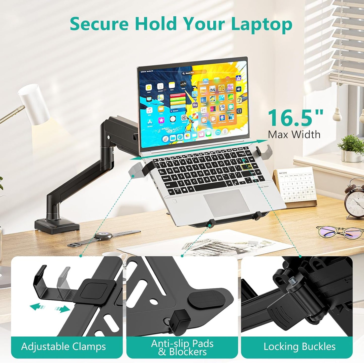 WALI Laptop Desk Mount, 2-in-1 Monitor Mount with Adjustable Laptop Tray, Fits Max 17" Notebook and 34" Computer Screen, Max Holds 22-26.4 lbs, Single Monitor Laptop Stand for Desk (GSMP001NLP), Black